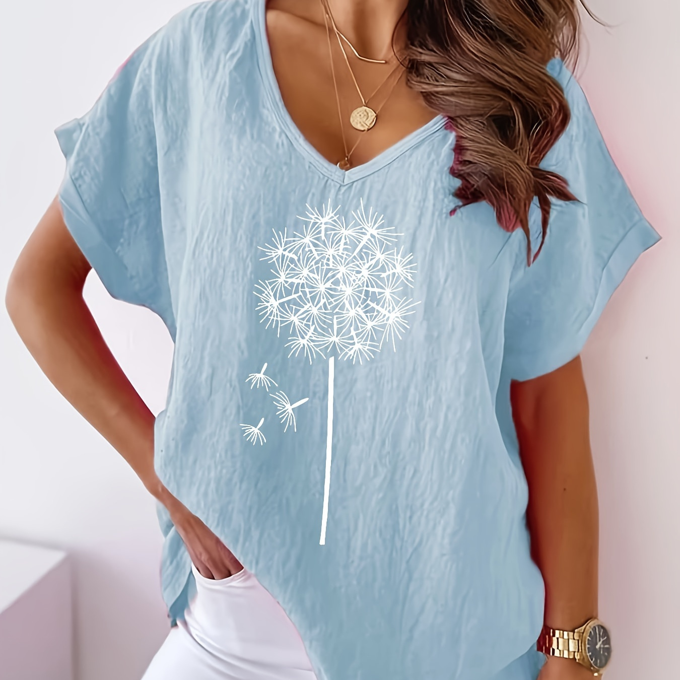 

Plus Size Casual Top, Women's Plus Dandelion Print Short Sleeve V Neck Slight Stretch Top