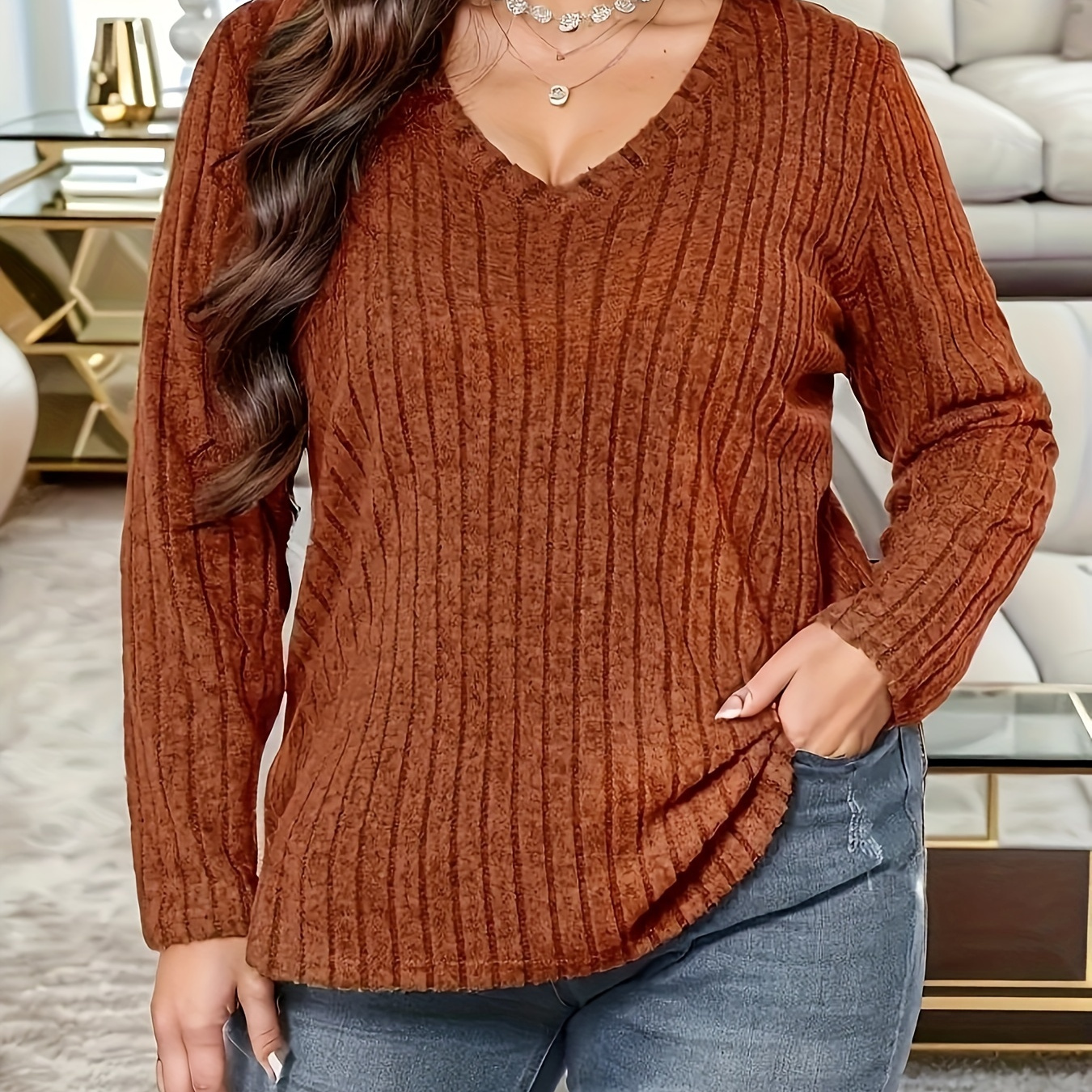 

Plus Size Casual Top, Women's Plus Solid Ribbed Long Sleeve V Neck Round Hem Slight Stretch Top