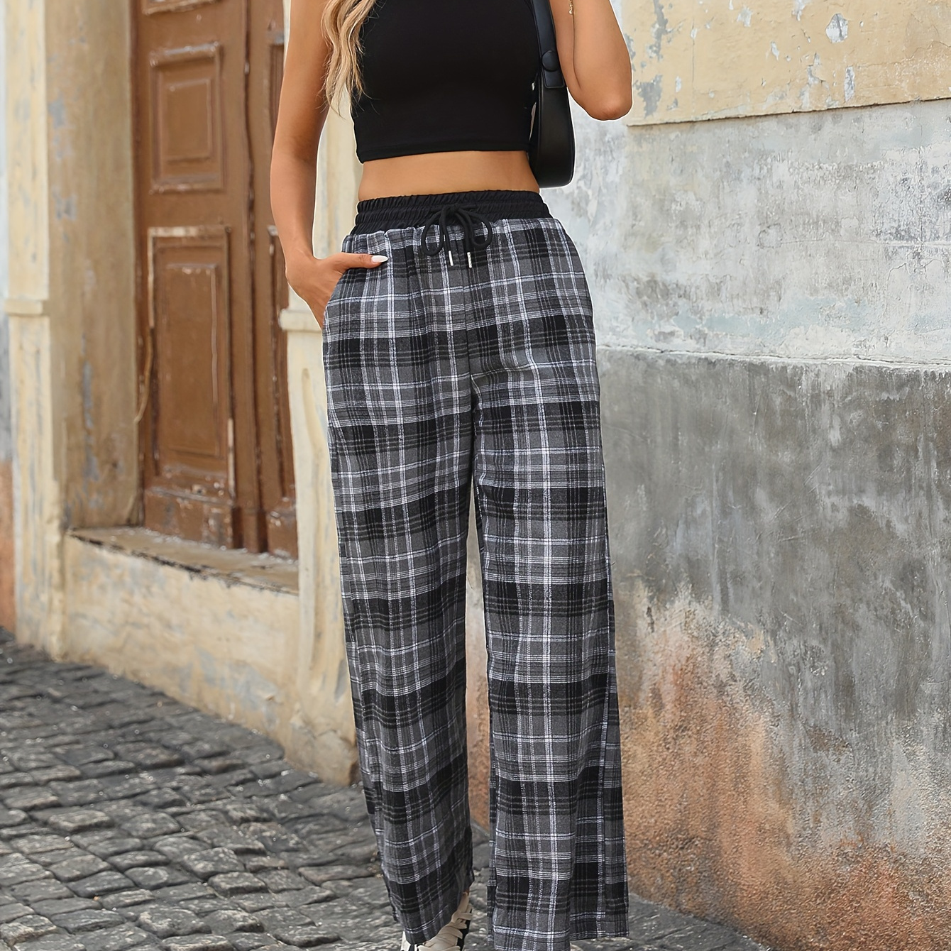 

Pattern Drawstring Waist Pants, Casual Wide Leg Loose Pants For Spring & Fall, Women's Clothing