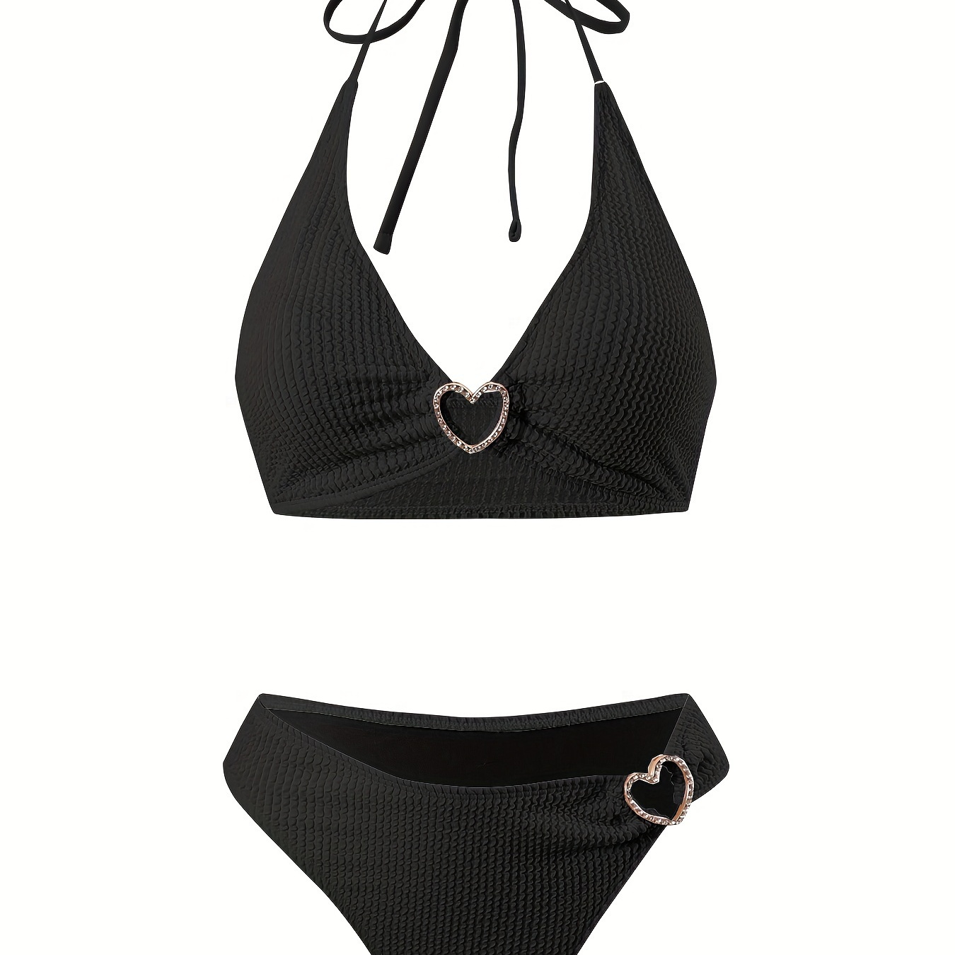 

Women's Sexy High Stretch Polyester Bikini Set With Rhinestone Heart Detail - Knit Fabric Spaghetti Strap Solid Color Two-piece Swimwear