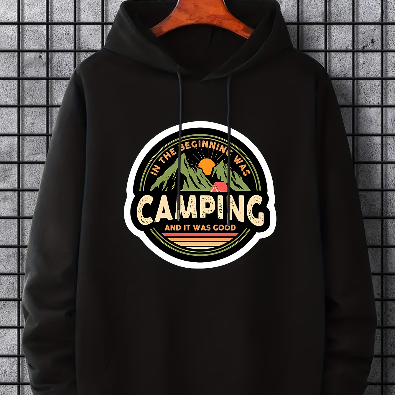 

Retro Camping Print Hoodie, Cool Hoodies For Men, Men's Casual Graphic Design Pullover Hooded Sweatshirt With Kangaroo Pocket Streetwear For Winter Fall, As Gifts