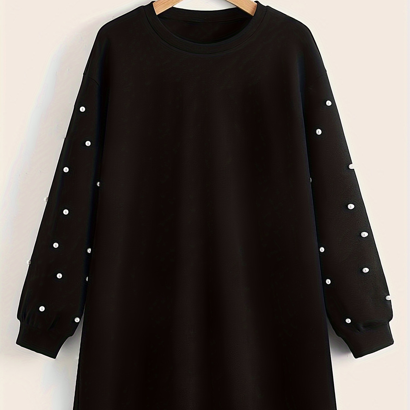 

Bead Decor Crew Neck Loose Dress, Elegant Long Sleeve Dress For Spring & Fall, Women's Clothing