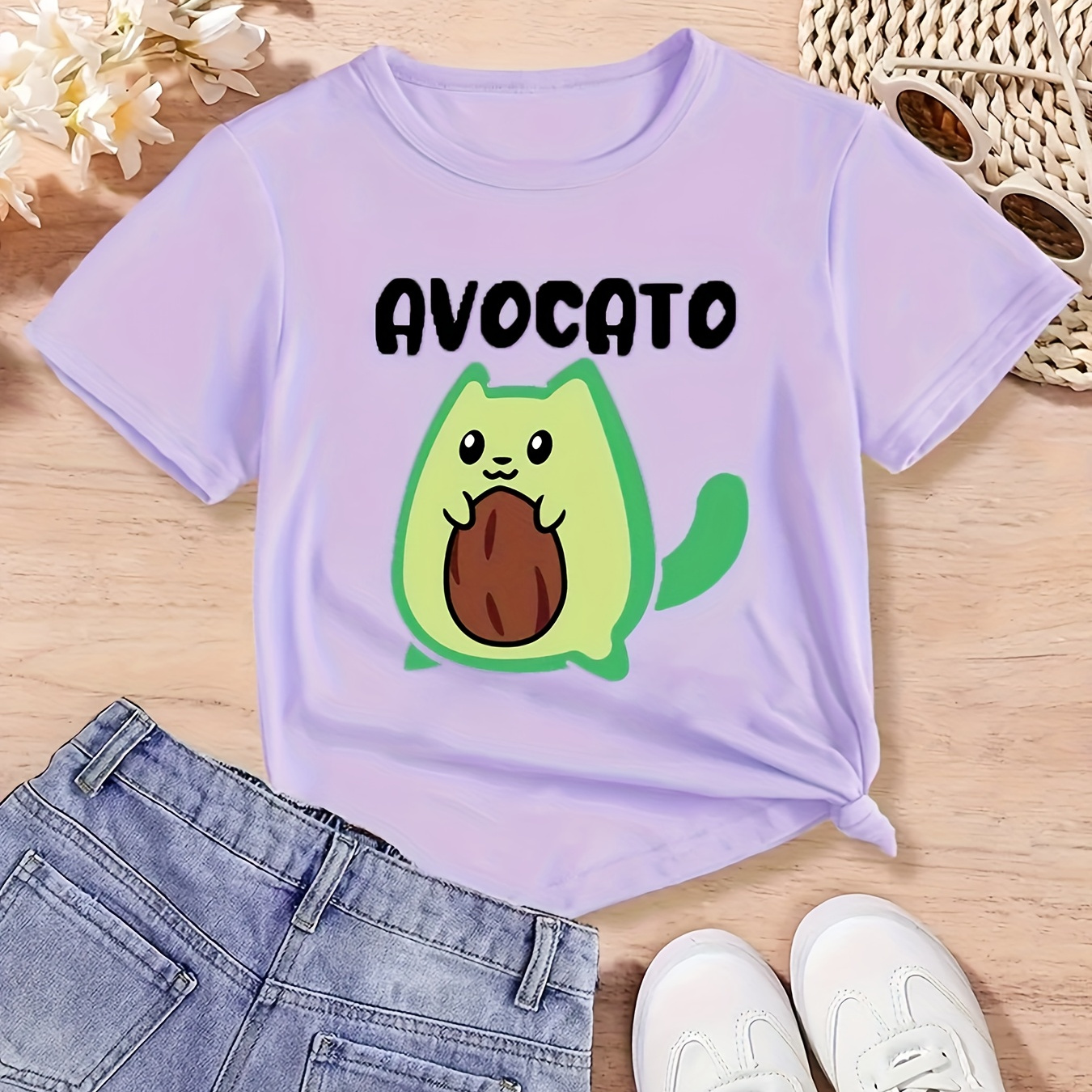 

Cute Avocado Print Girls Fashion Graphic T-shirt, Comfy Crew Neck Short Sleeve Casual Tee For Summer