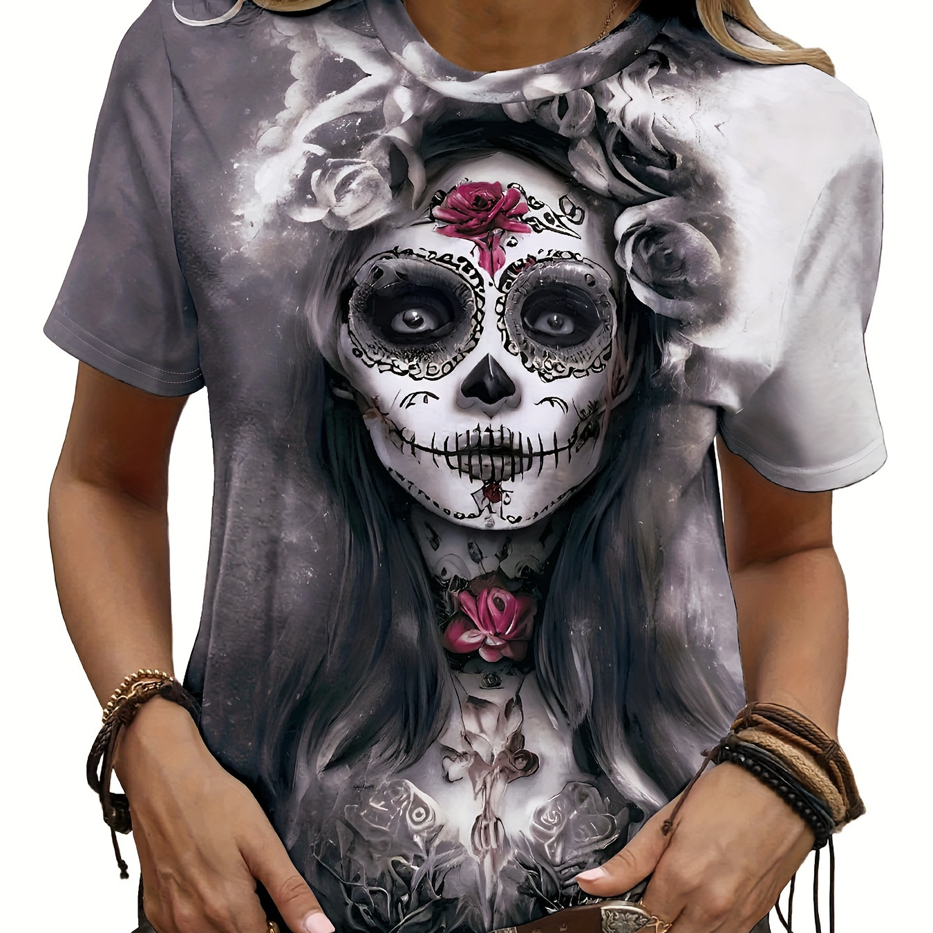 

Skeleton Print Crew Neck T-shirt, Casual Short Sleeve Top For Spring & Summer, Women's Clothing