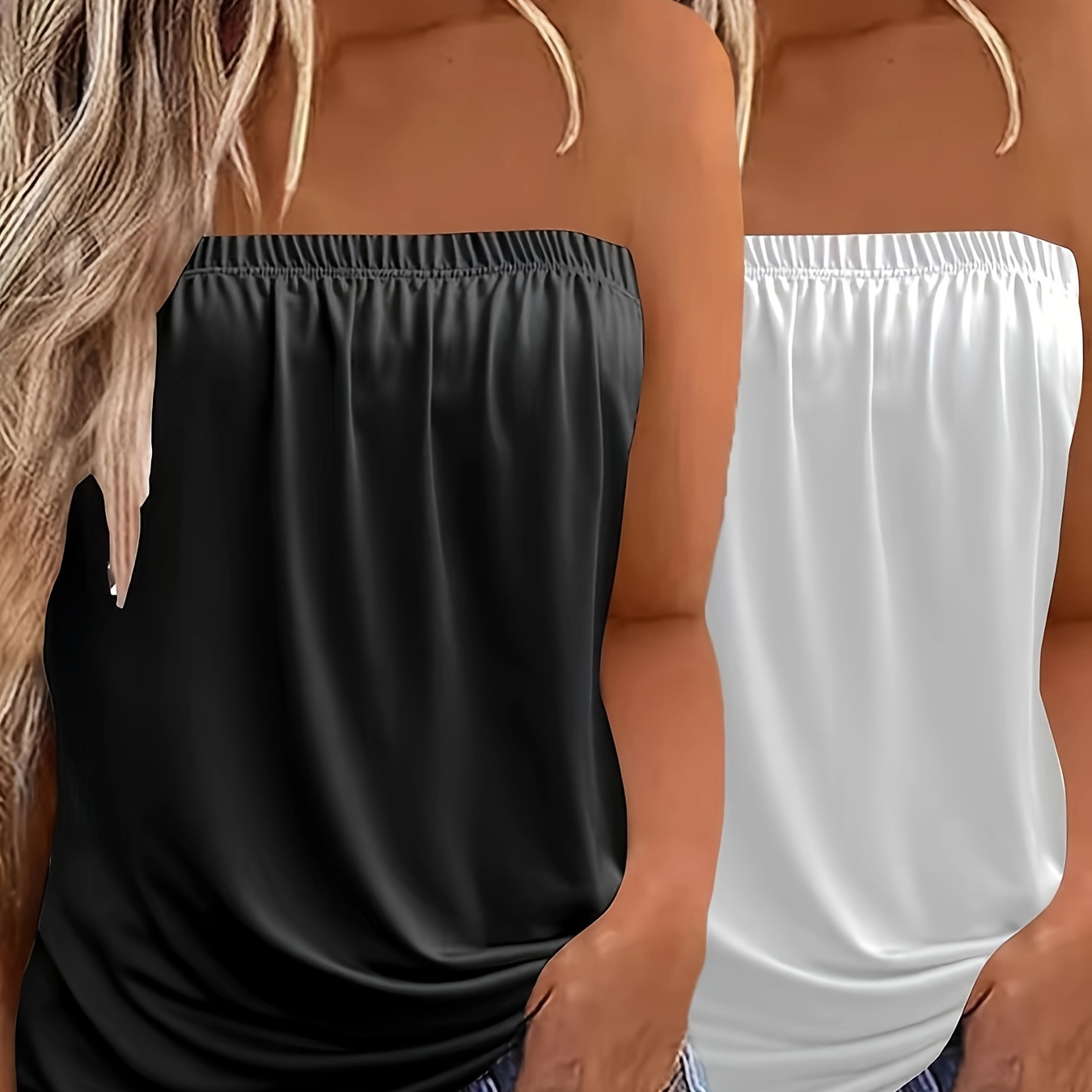 

2-pack Elegant Strapless Bandeau Top, Solid Color Jersey Knit Fabric, Stretchy Polyester 100% Sleeveless Backless Summer Tank Tops