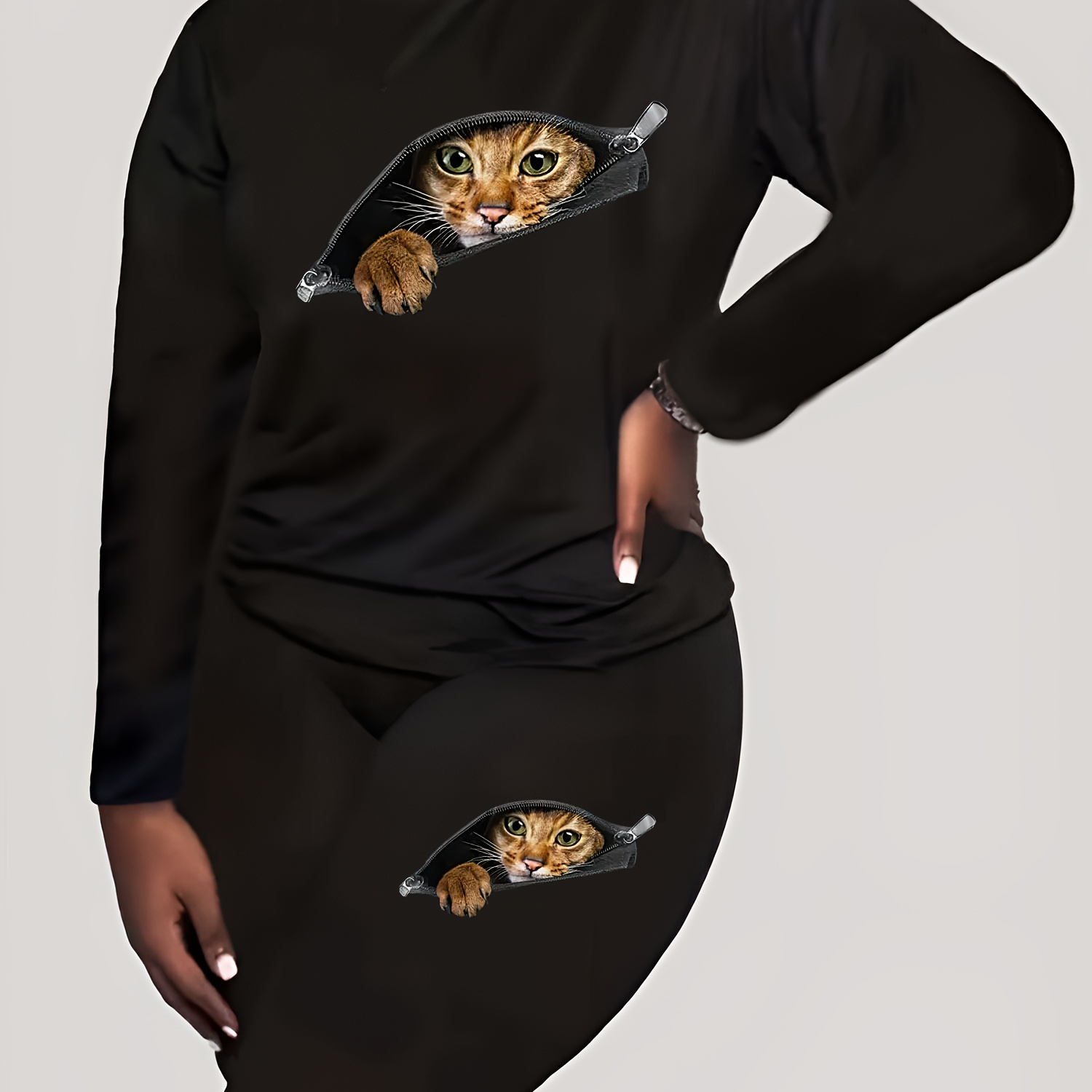 

Women's Plus Size Casual Outfit: Cat Print Long Sleeve Crew Neck Top & Stretchy Leggings Set - Machine Washable