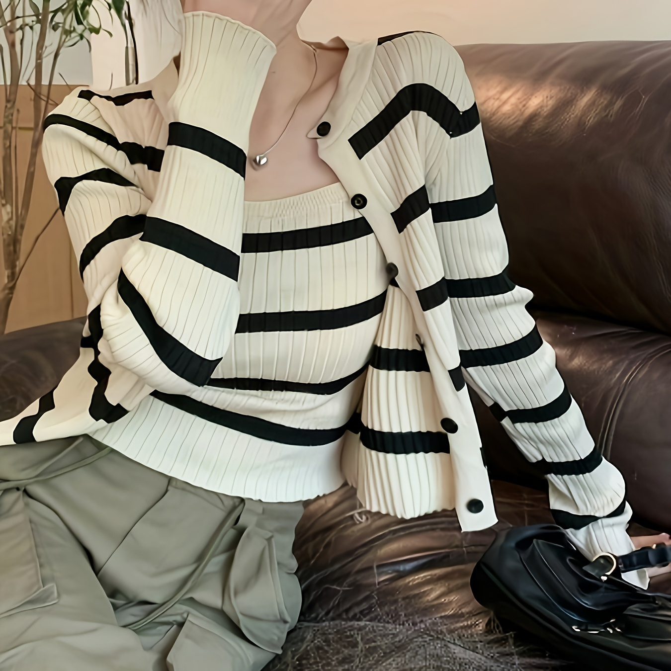 

Versatile & Stylish Striped Top Set, Button Front Long Sleeve Cardigan & Slim Fit Cami Top, Women's Clothing