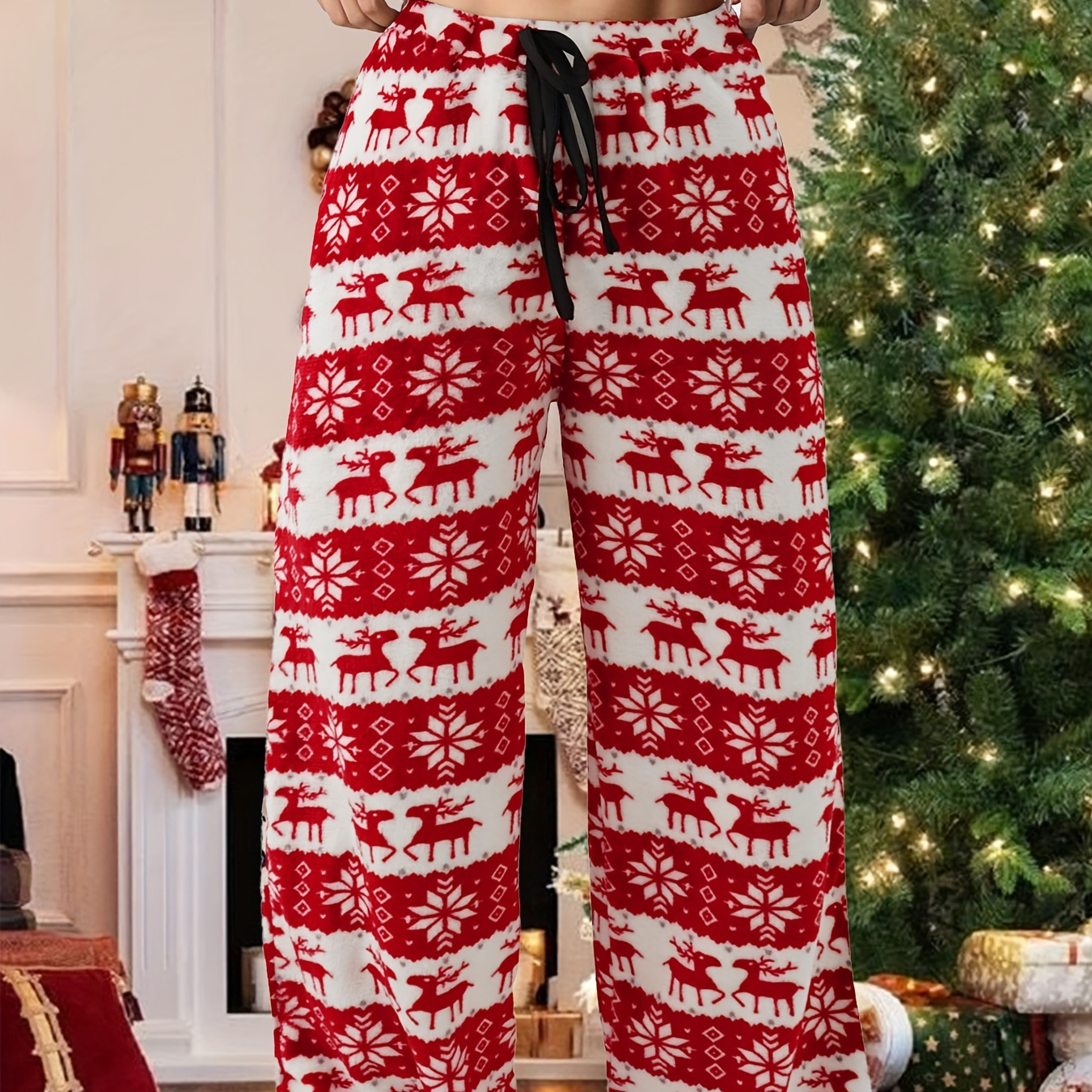 

Women'-inspired Christmas Reindeer & Print Wide-leg Pants - Comfy, Loose Fit With Drawstring Waist For Fall/winter