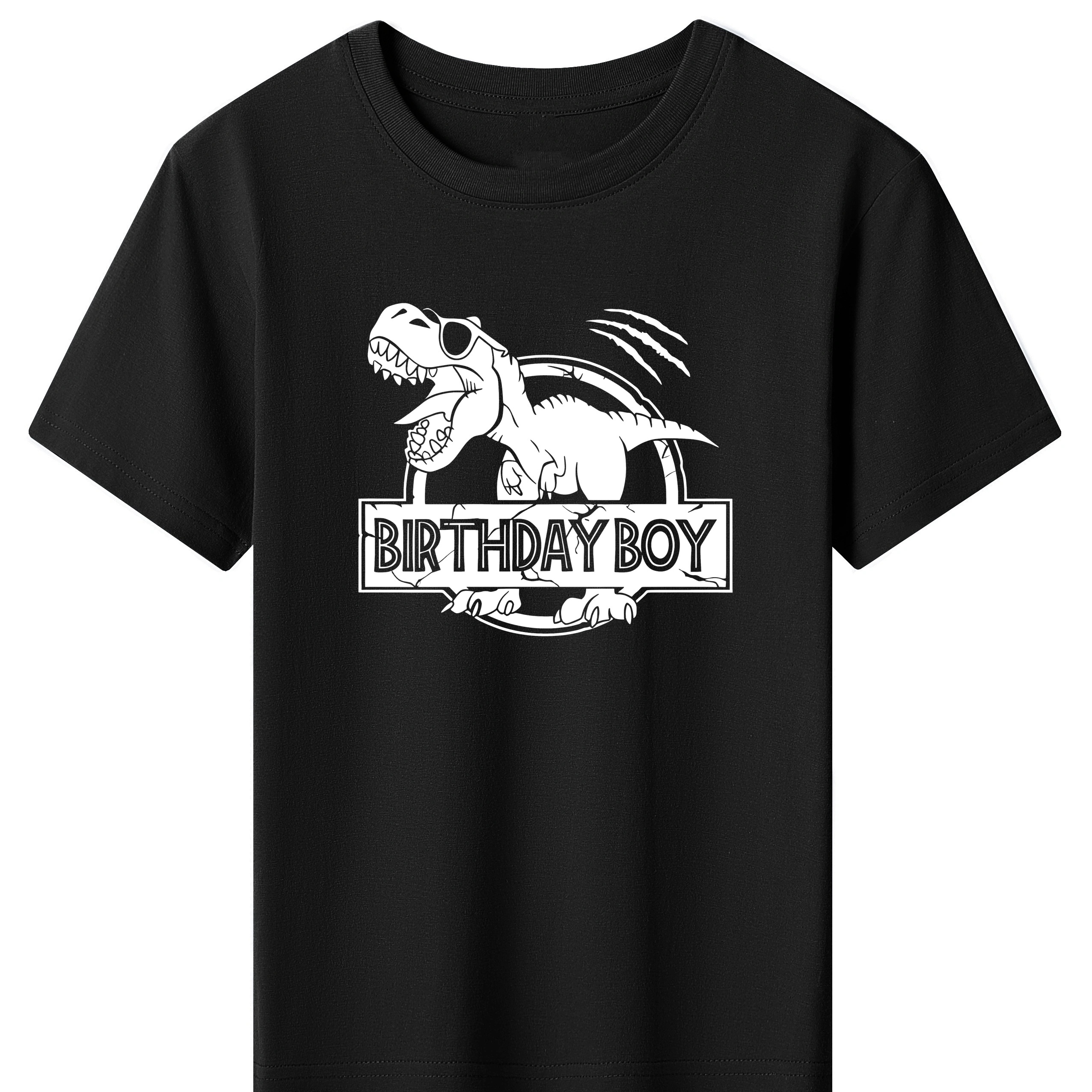 

Birthday Boy & Dinosaur Graphic Print, Boys' Casual & Comfy Short Sleeve Crew Neck Cotton Tee For Spring & Summer, Boys' Clothes