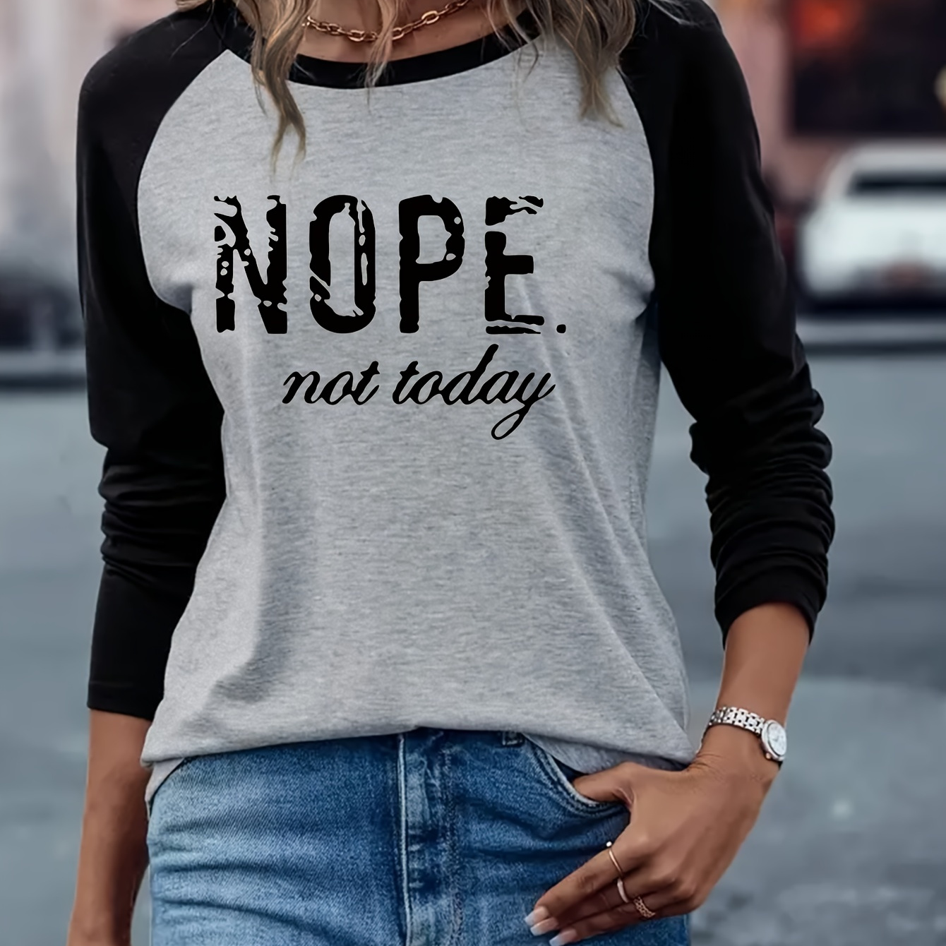 

Women's Casual Crew Neck Raglan Long Sleeve T-shirt With "nope Not Today" Print - Polyester Knit Fabric Blend, Alphabet Pattern, Regular Length, Ideal For Spring/fall