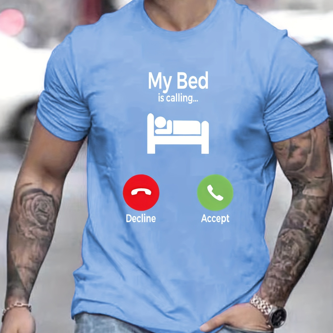 

Men's Casual "my Bed Is Calling" Print Crew Neck Short Sleeves T-shirts For Summer