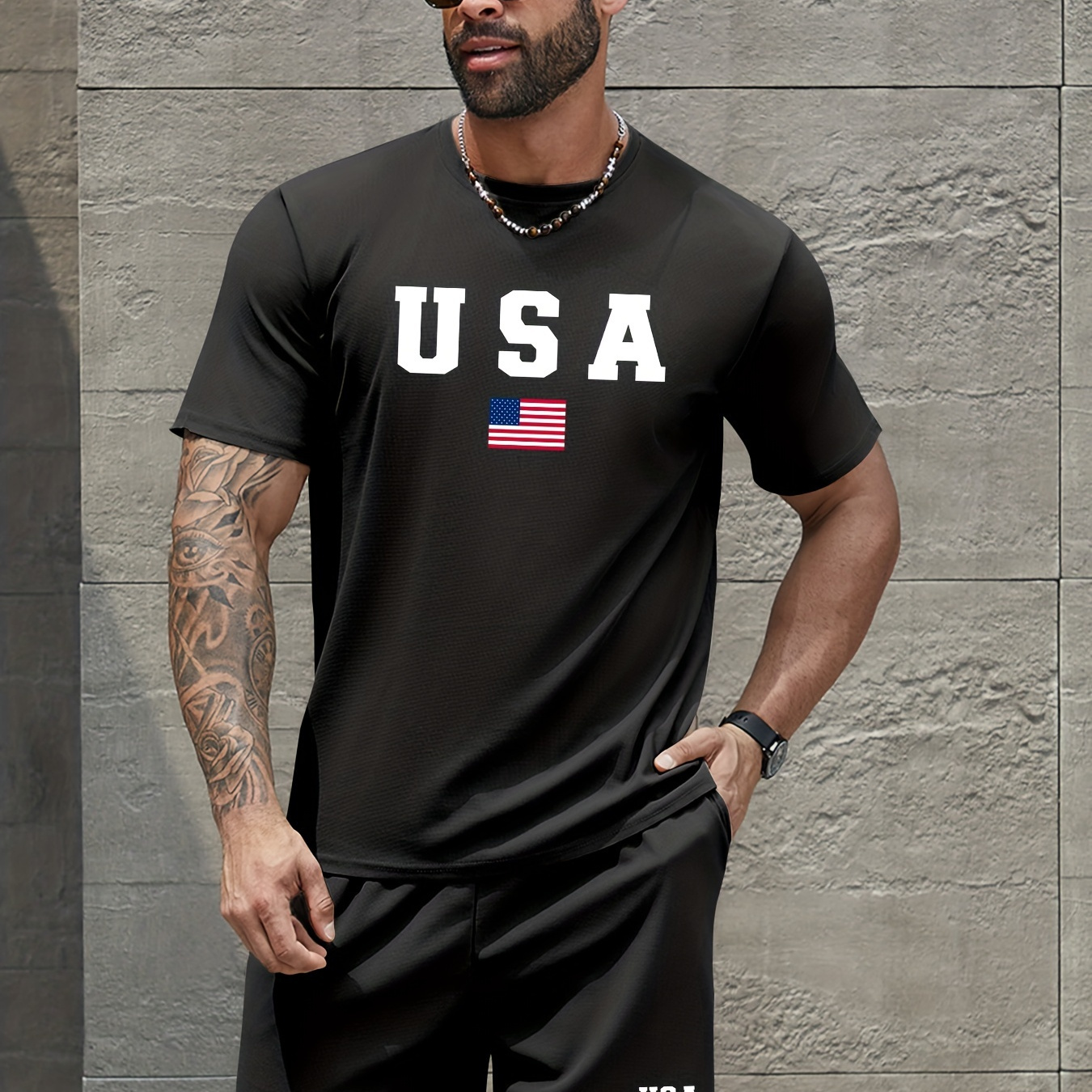 

Usa Flag Print Men's 2 Piece Set, Short Sleeve T-shirt & Drawstring Shorts For Summer, Casual Comfy Versatile Outfits For Outdoor Sports