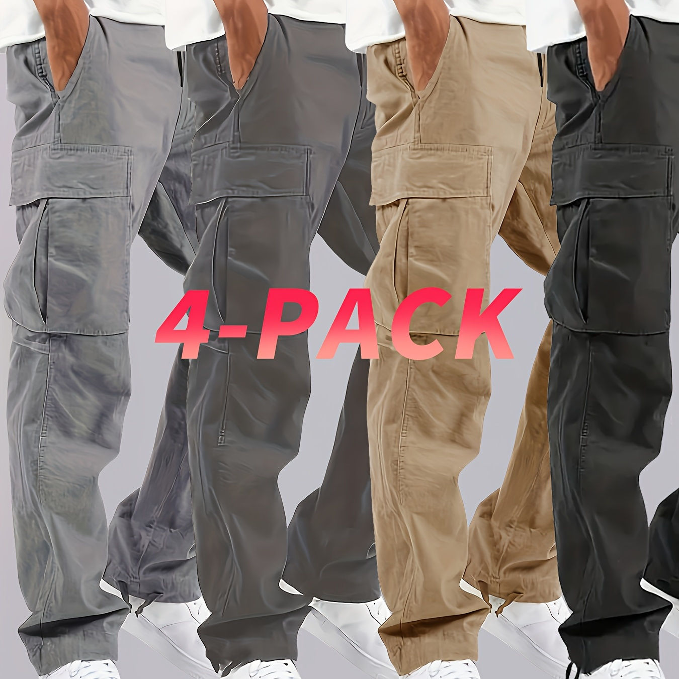 

4pcs Men' Color Loose Fit Cargo Pants With Multi Pockets - Polyester Blend, Ideal For Outdoor Activities In , Machine Washable