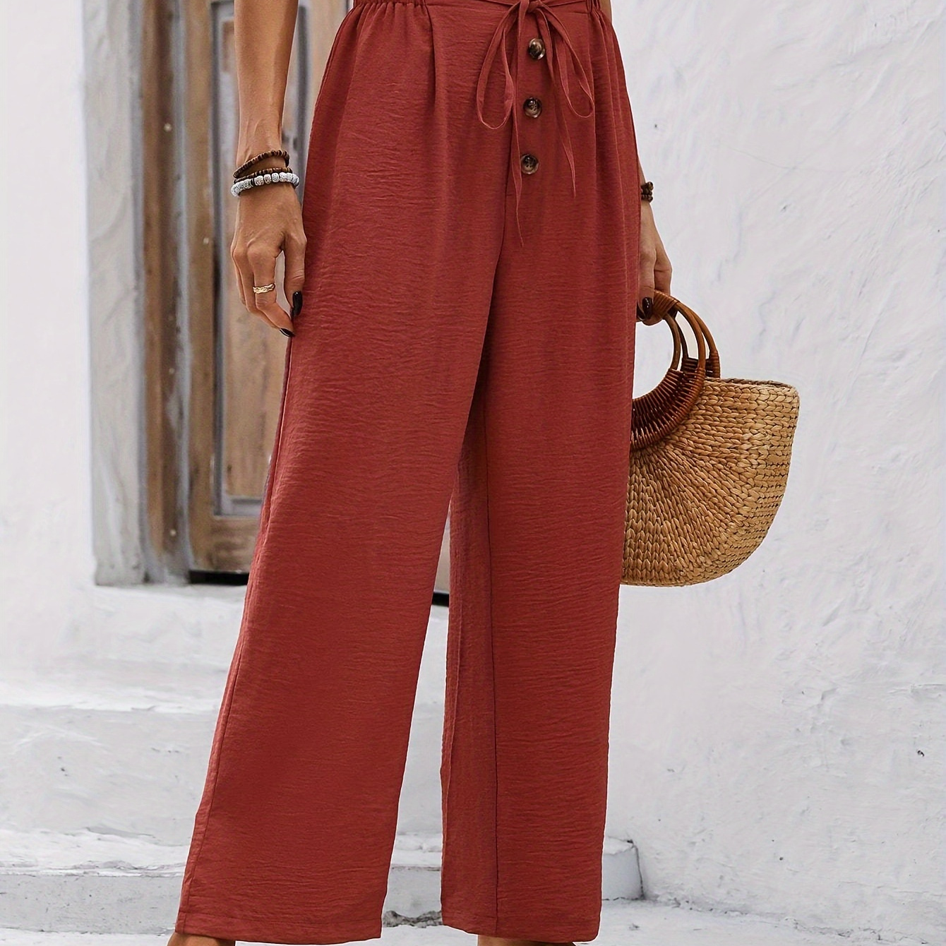 

Pantalon à nouer sur le devant avec boutons, pantalon large à texture décontractée pour le printemps et l'été, vêtements pour femmes