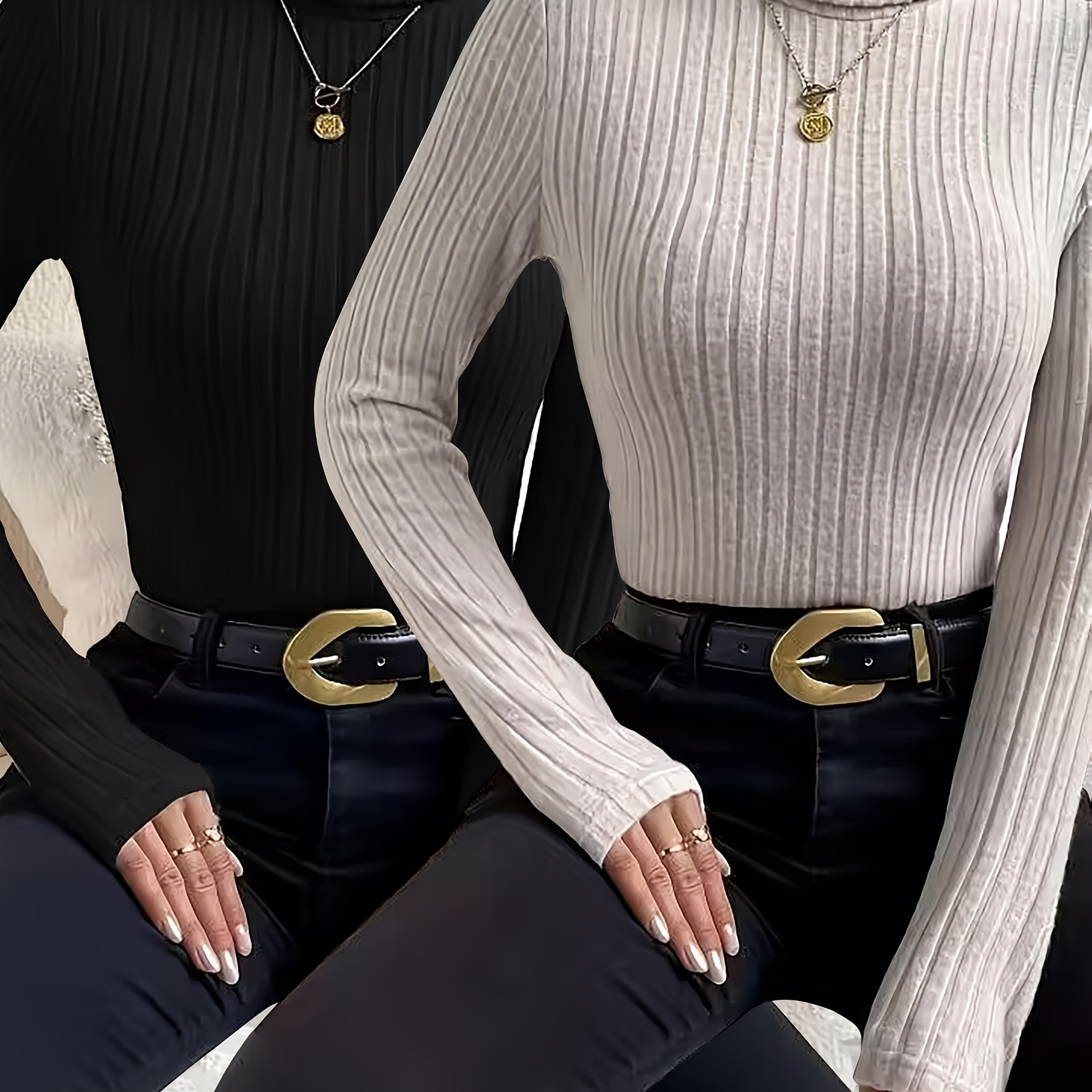 

2-pack Elegant French Style Rib-knit Turtleneck T-shirts, Solid Color Polyester 90% Elastane 10%, Spring/summer Knit Fabric, Regular Length Lapel Collar