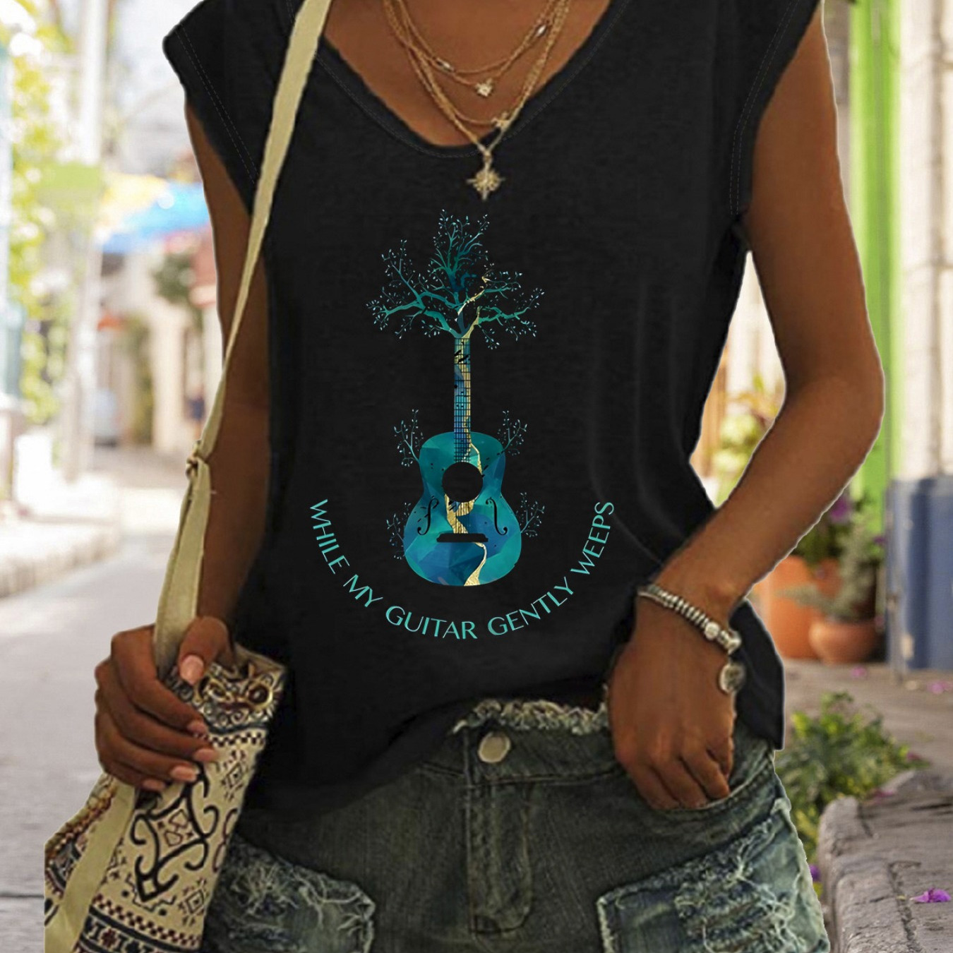 

Guitar Print Tank Top, Casual V Neck Tank Top For Summer, Women's Clothing