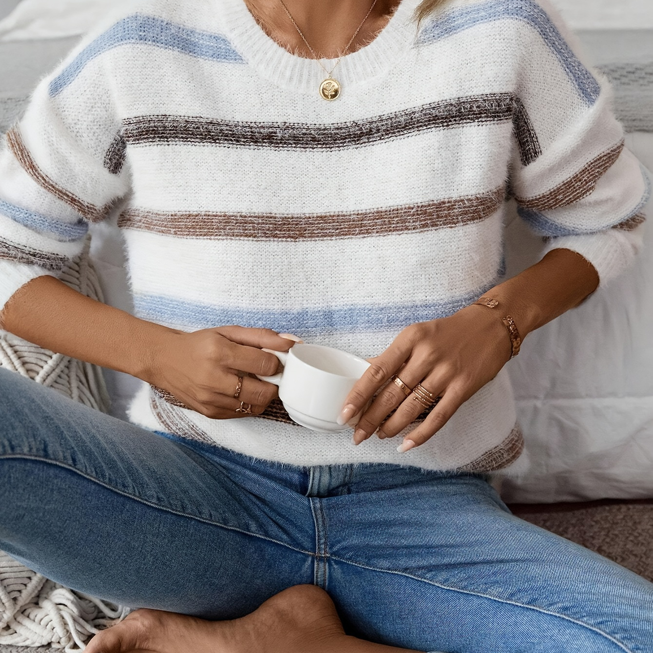 

Pull à col rond à épaules tombantes rayé, élégant pull à manches longues pour l'automne et l'hiver, vêtements pour femmes