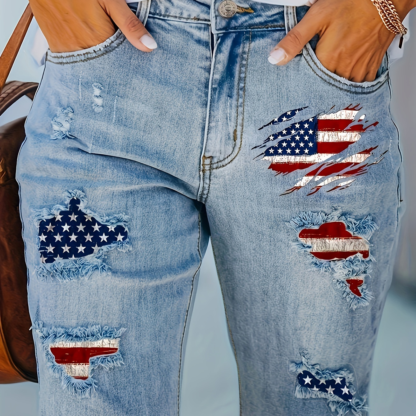 

Women's Distressed Denim Bermuda Shorts, High-waisted With Frayed Hem, Stretchable Casual Plus-size Fashion, Ripped Patchwork With American Flag Design, Independence Day Outfit 4th Of July