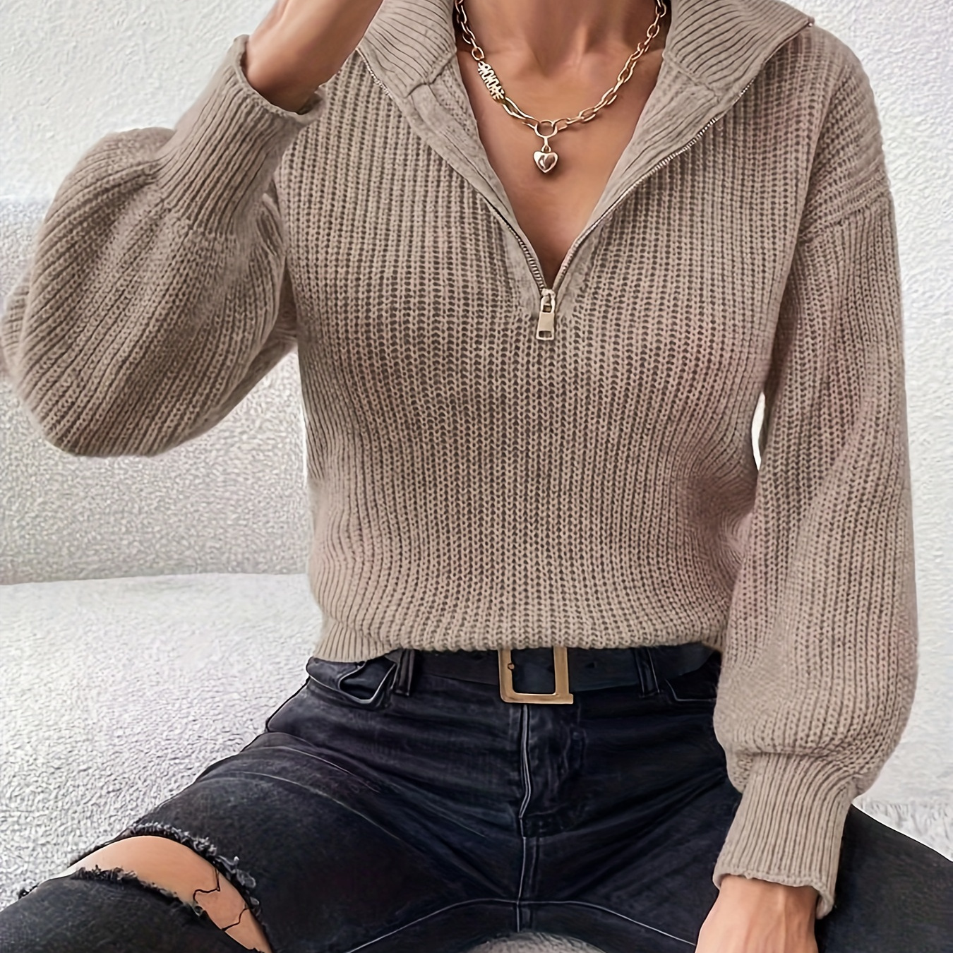 

Zip Front Long Sleeve Lapel Sweater, Stylish Solid Drop Shoulder Sweater For Fall & Winter, Women's Clothing