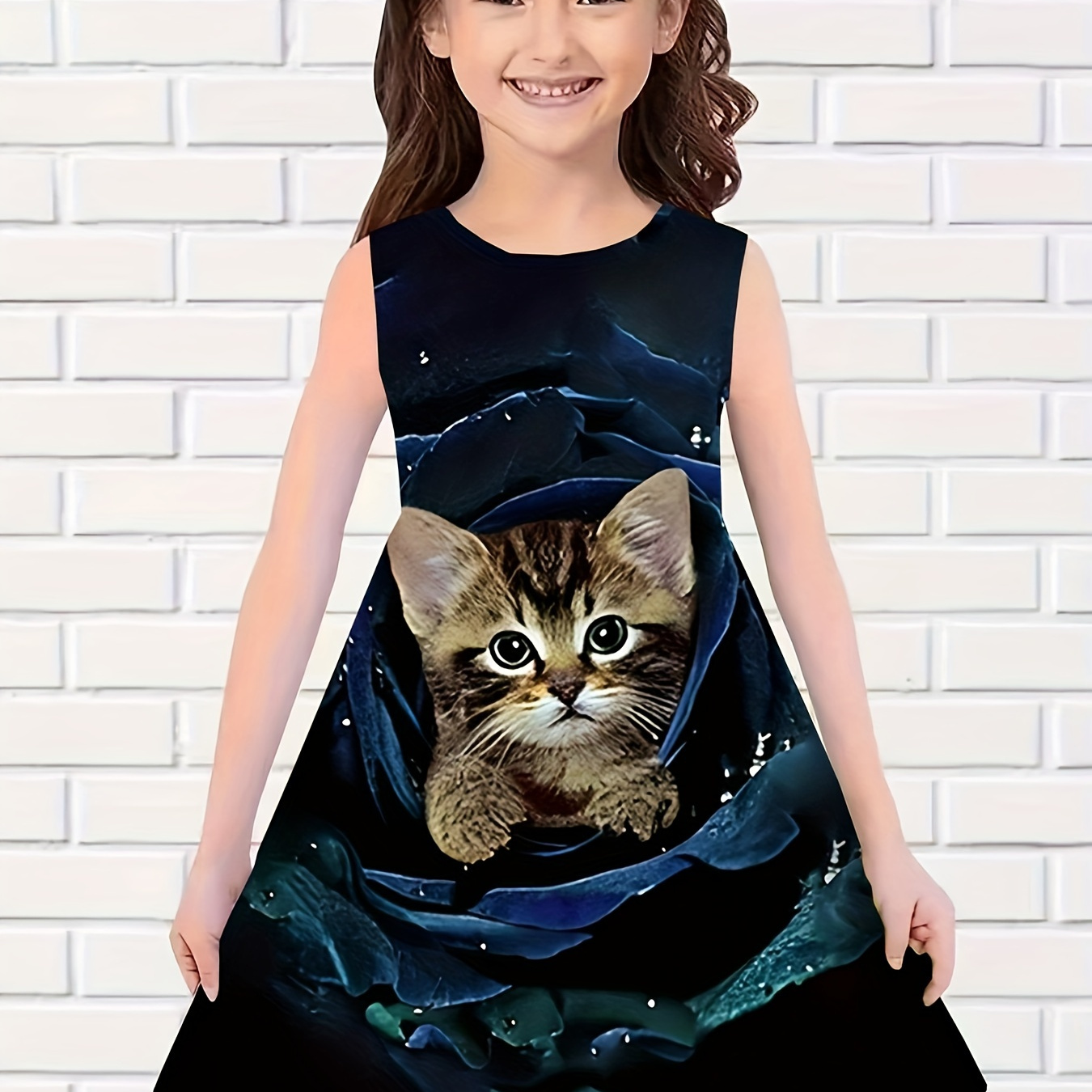 

Girls Rose Flower Cat Graphic Sleeveless Dress For Summer Party Gift