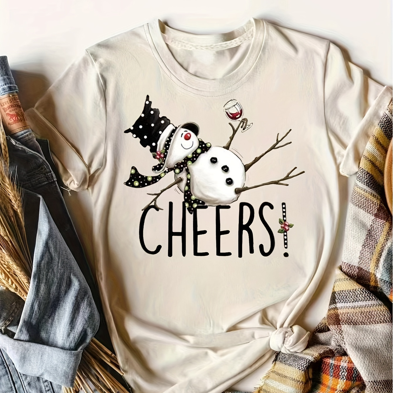 

Christmas Snowman Print Tee, Casual Short Sleeve Crew Neck T-shirt, Women's Clothing