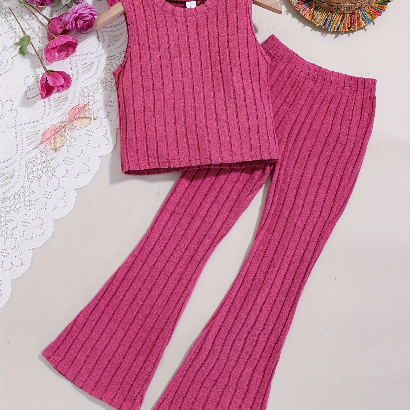 

Girls Stylish & Comfy Outfit, 2pcs/set Solid Colored Ribbed Tank Top & Flared Pants For Summer