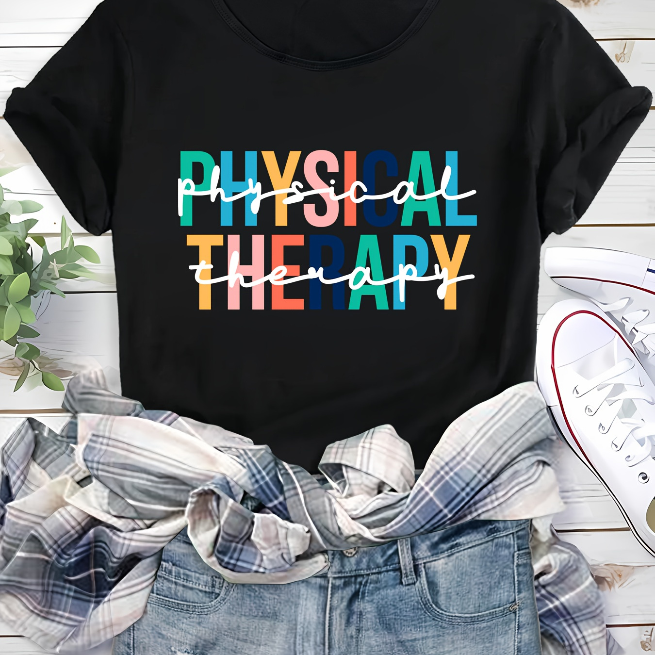 

Women's Casual Round Neck T-shirt - Colorful "physical Therapy" Letter Print - Short Sleeve Top For Everyday Wear