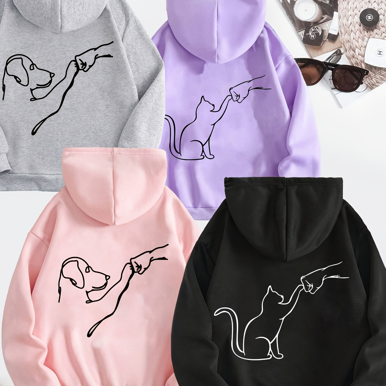 

4-pack Dog Print Kangaroo Pocket Hoodie, Casual Long Sleeve Drawstring Hoodies Sweatshirt, Women's Clothing