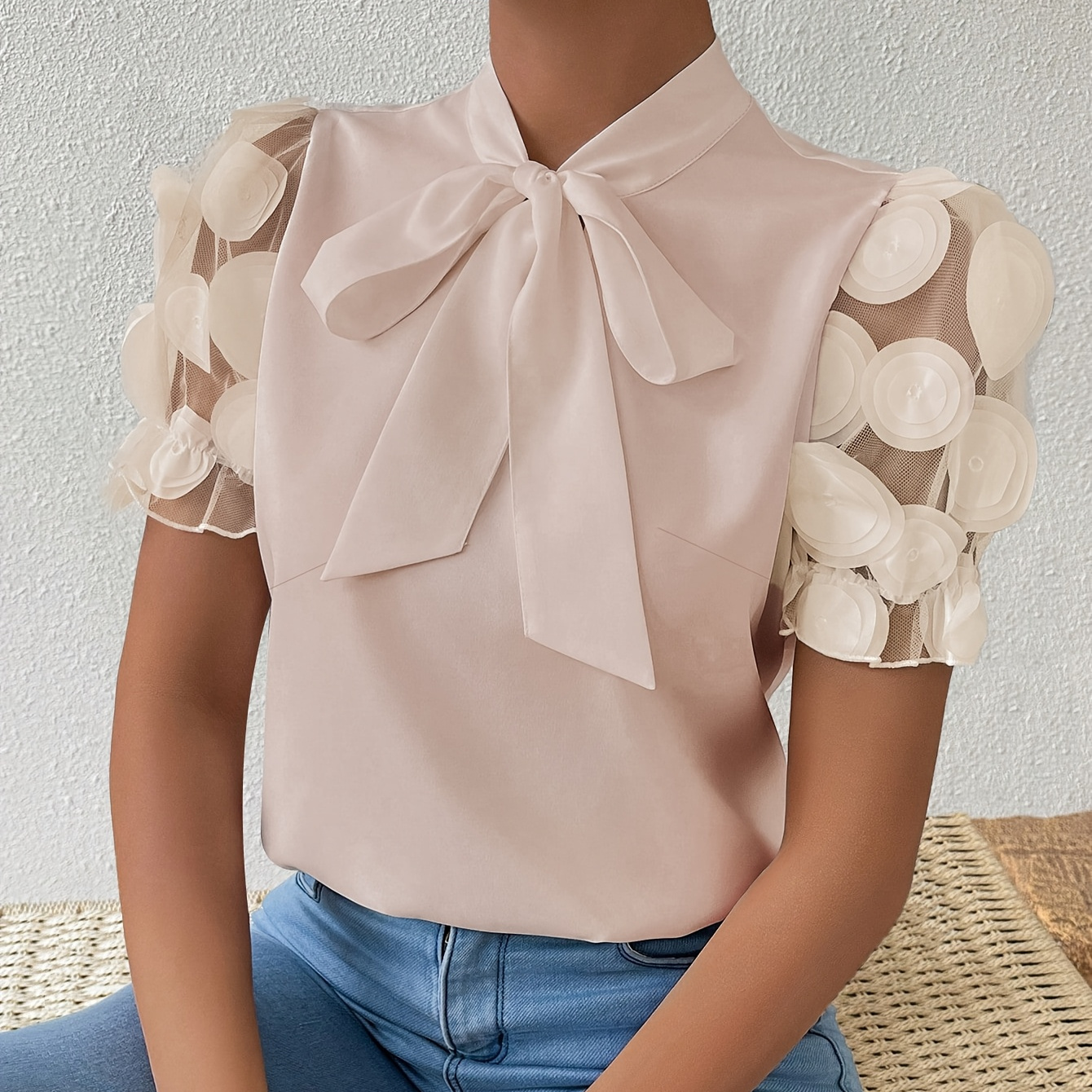 

Shangyue Elegant Stand Collar Blouse, Polyester 100% Solid Color, Regular Length, With Mesh Detail, With Applique And Bow-knot Short Sleeves, For Women, Spring/summer Woven Shirt