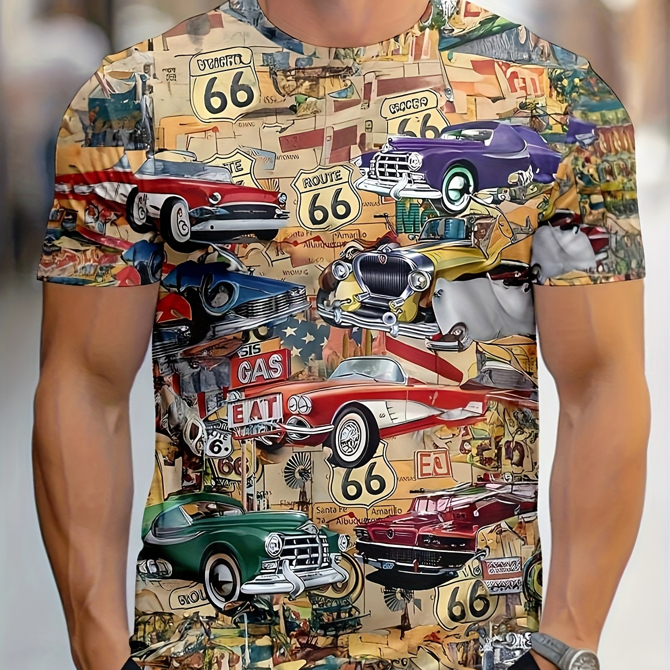 

Men' Casual Crew Neck 3d Printed T-shirt With Vintage Car Theme - 100% Polyester Fabric, Geometric Pattern, Slight Stretch, Regular