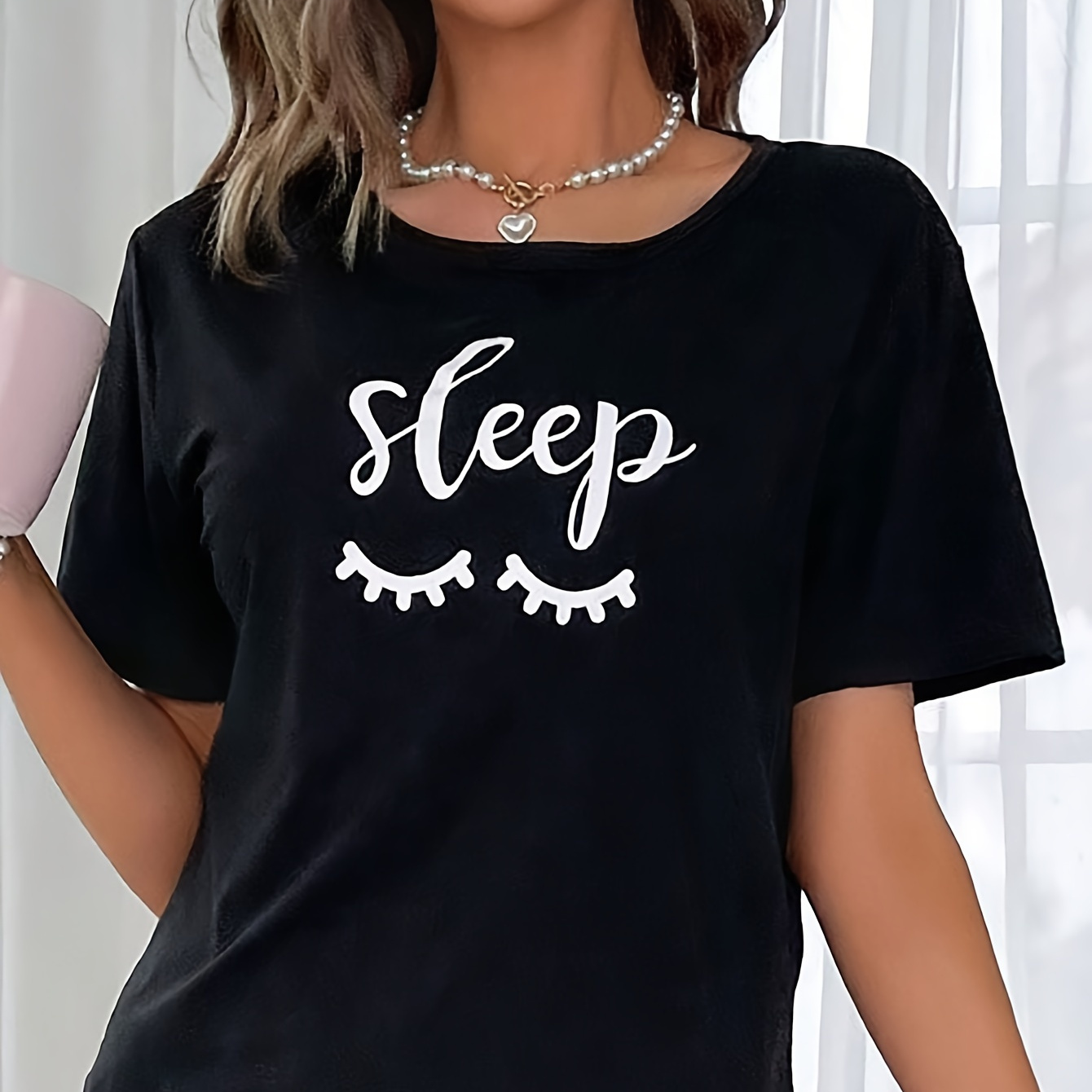 

Eyelash & Letter Print Pajama Tops, Short Sleeve Round Neck T-shirt, Women's Sleepwear & Loungewear