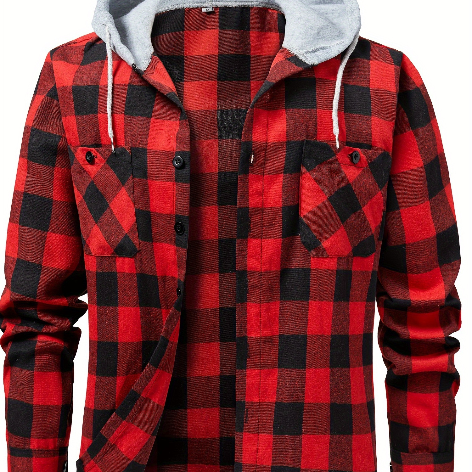 

Men's Hooded Flannel Shirt - Long Sleeve Casual Button- With Chest Pockets, Black & White Checkered Pattern, Drawstring Hoodie For Fall & Winter