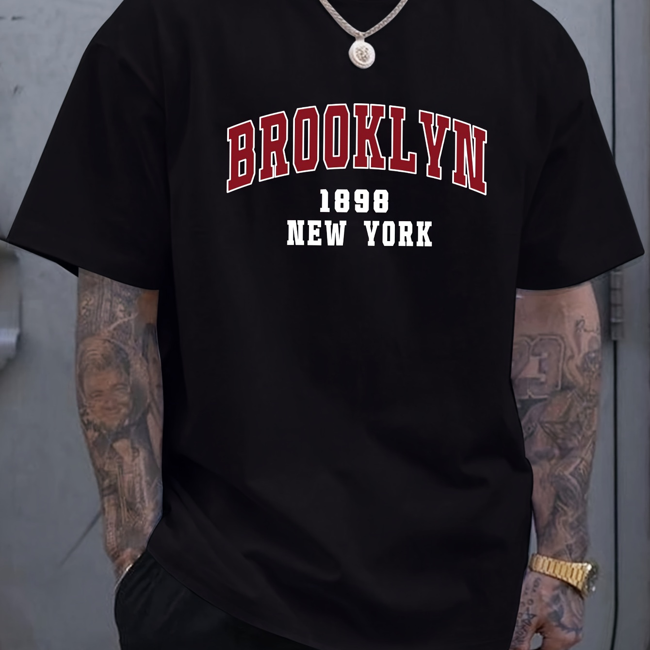 

Men's T-shirt, Brooklyn Letter Print Short Sleeve Crew Neck Tees For Summer, Casual Outdoor Comfy Clothing For Male