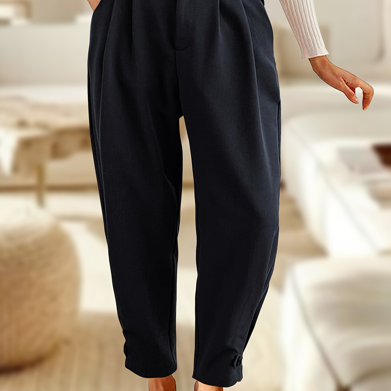 

Size Tapered Pants For Women, Polyamide , Non-stretch Woven Fabric, Solid Color, Comfortable Loose Fit With Button Detail For Fall Season Casual Weekend Wear, Plus Size Pants