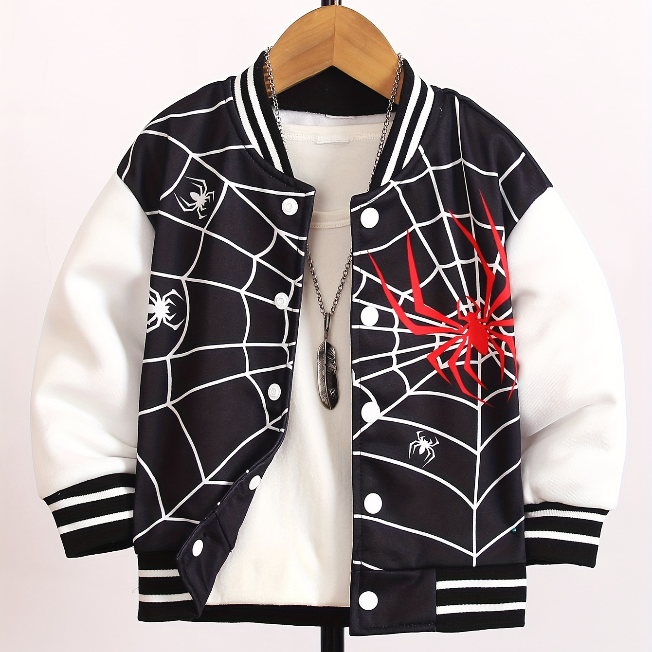 

Boys Cool Spider Web Print Long Sleeve Color Block Drop Shoulder Varsity Baseball Jacket Coat