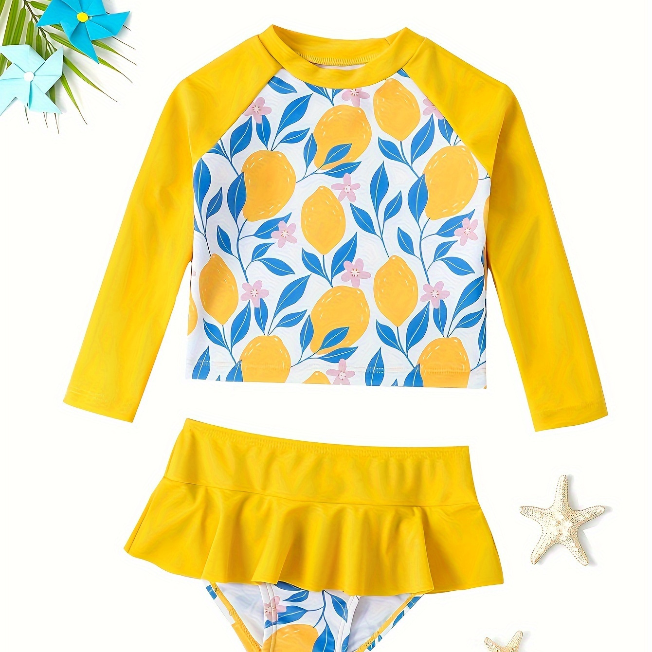 

Girls 2-piece High Stretch Swimwear Set, Lemons Print Long Raglan Sleeve Rash Guard & Skirted Swim Brief For Pool Party & Beach