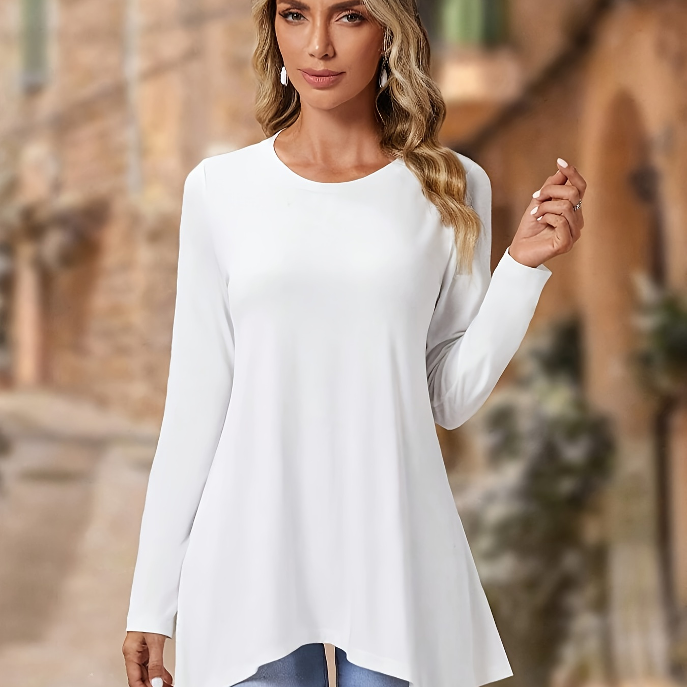 

Solid Color Asymmetric Hem T-shirt, Elegant Long Sleeve Crew Neck Top, Women's Clothing