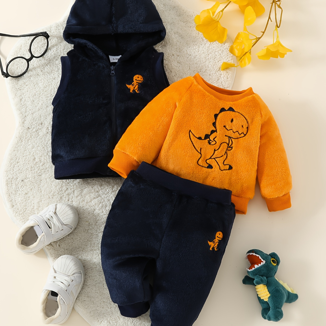 

3pcs Toddler's Dinosaur Embroidered Warm Flannel Set, Hooded Vest & Sweatshirt & Casual Pants, Baby Boy's Clothing For Winter