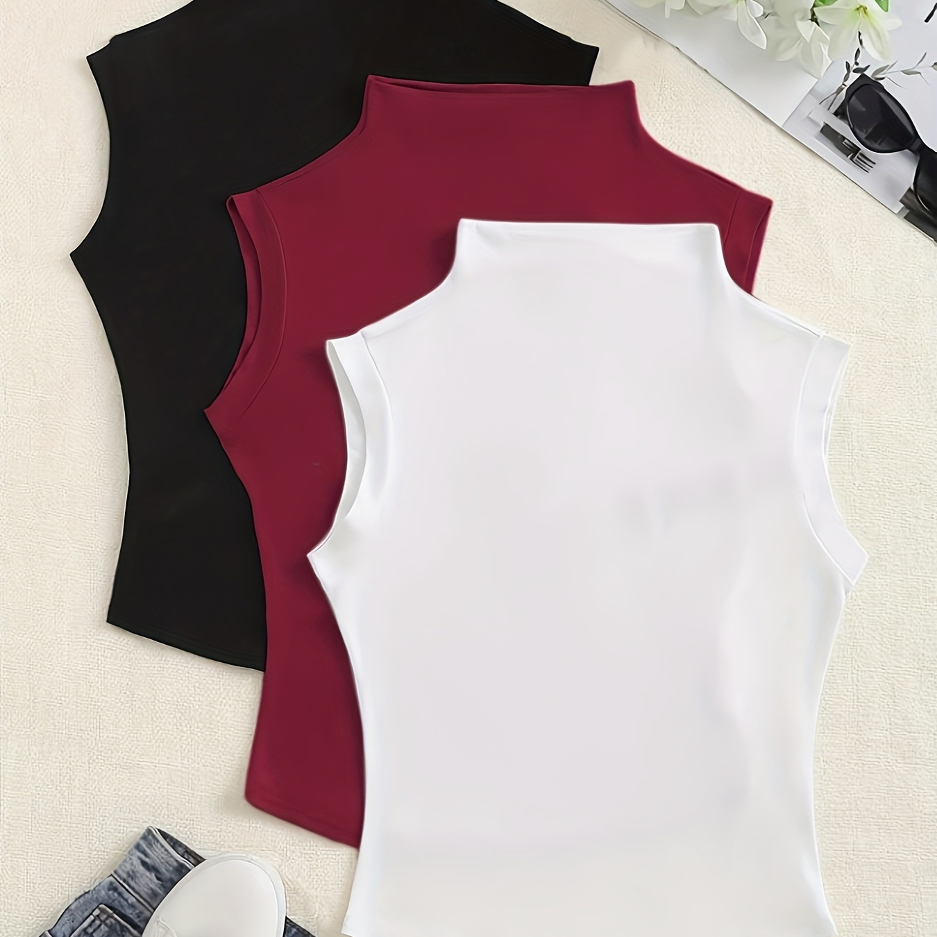 

3pcs Solid Color Mock Neck Basic Tank Top, Casual Sleeveless Tight Top For Spring & Fall, Women's Clothing