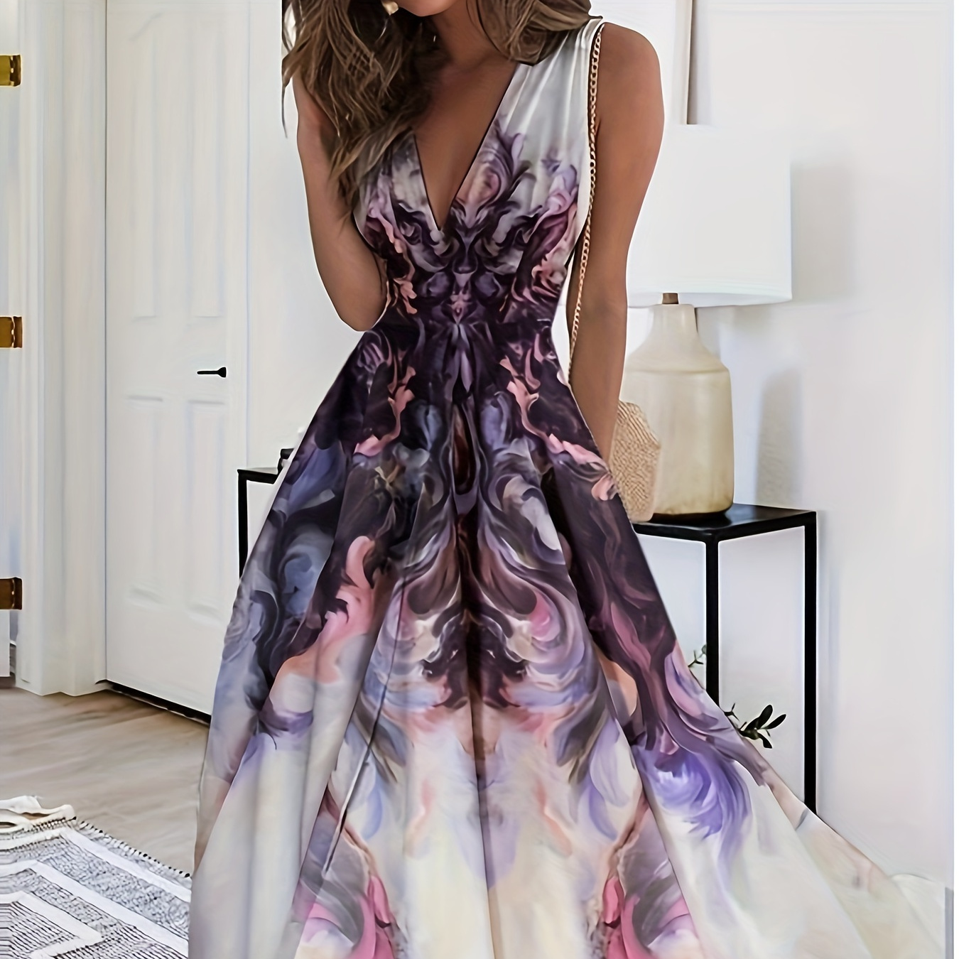 

Ombre Print Waist V-neck Dress, Elegant Sleeveless A-line Dress, Women's Clothing
