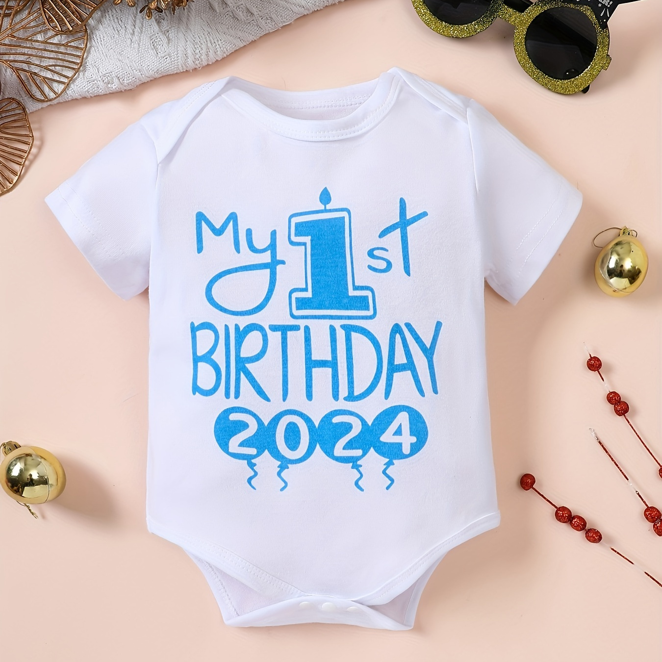 

Infant's "my First Birthday 2024" Letter Print Bodysuit, Casual Short Sleeve Romper, Baby Boy's Clothing