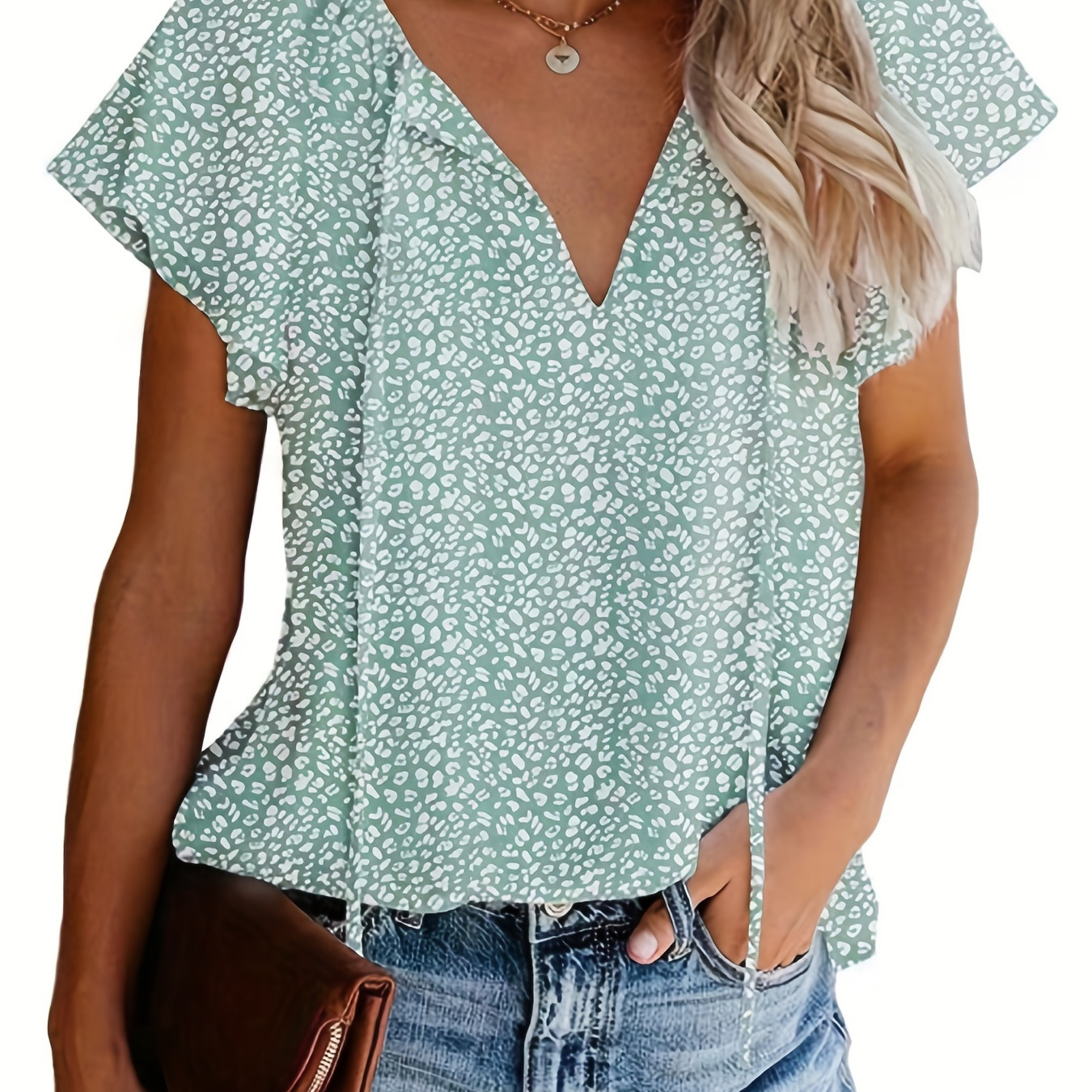 

V Neck Flutter Sleeve Blouse, Loose Casual Top For Summer & Spring, Women's Clothing