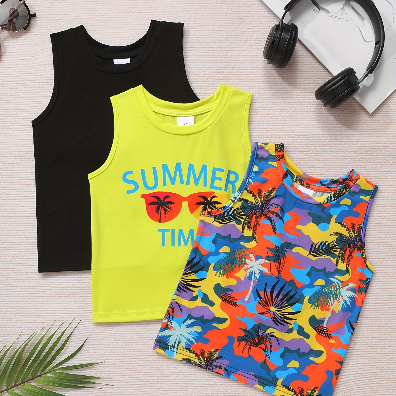 

3pcs Palm Print & Solid Color Casual Sleeveless Tank For Boys - Cool, Lightweight And Comfy Summer Clothes