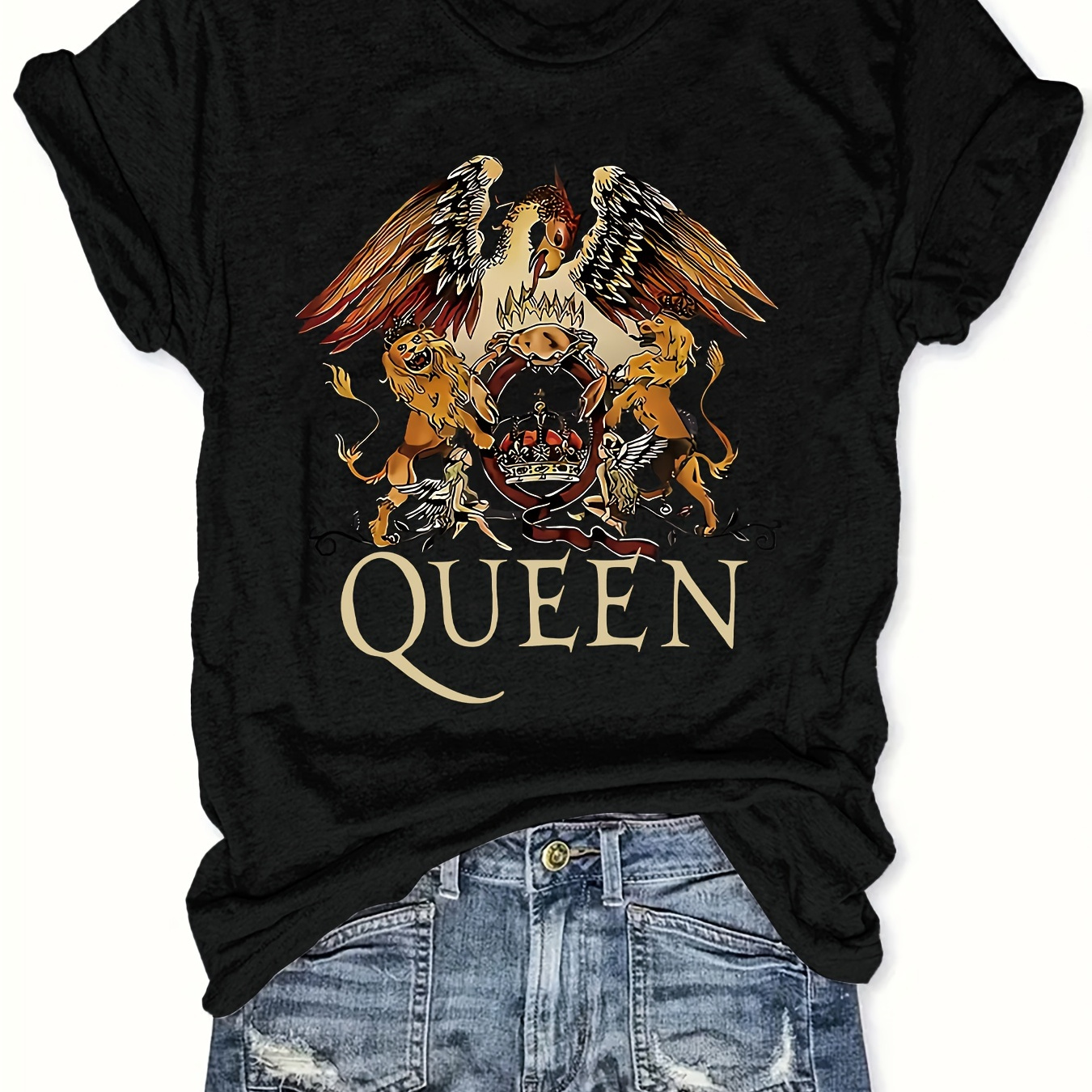

Plus Size Queen Print T-shirt, Short Sleeve Crew Neck Casual Top For Summer & Spring, Women's Plus Size Clothing