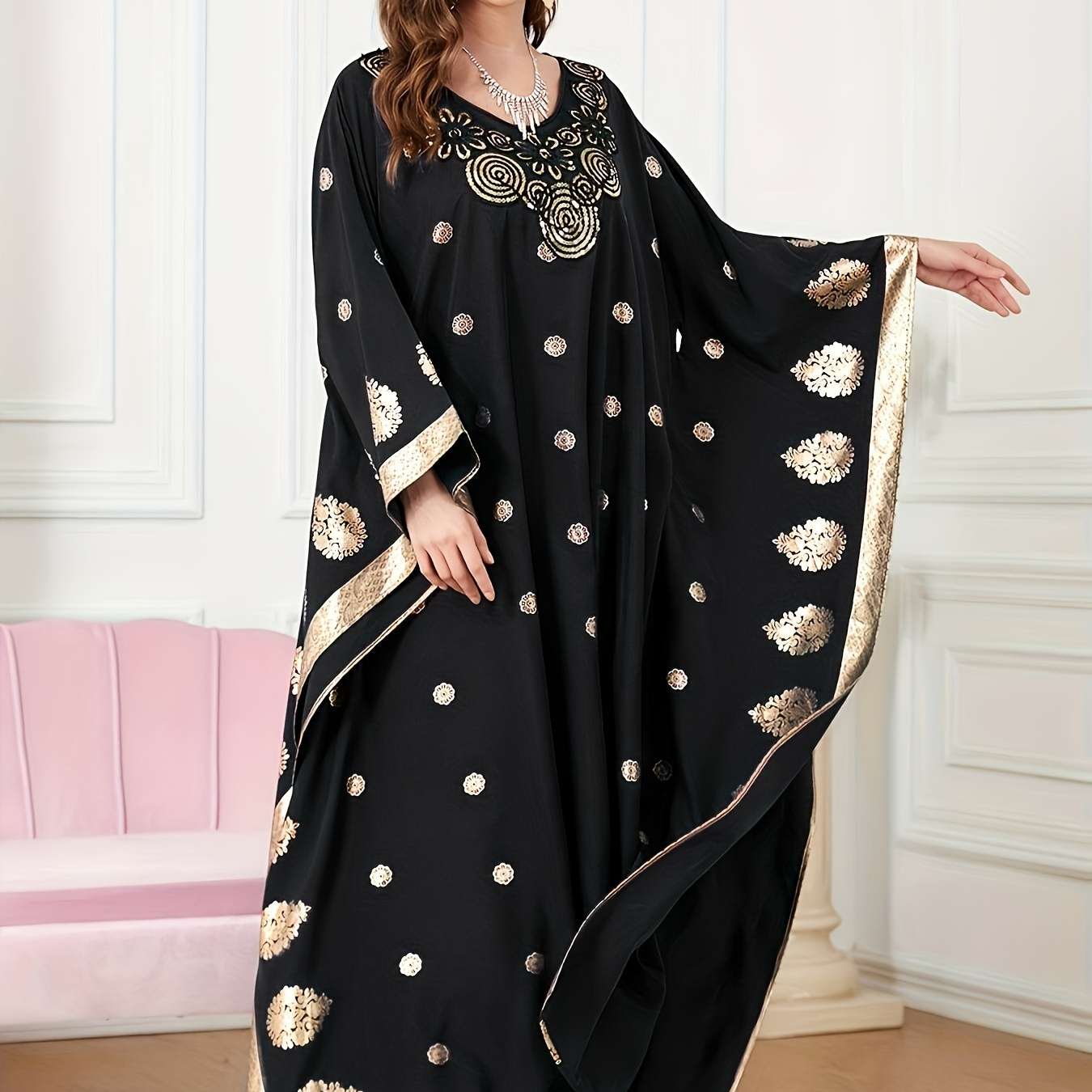 

Elegant Black And Golden Floral Print Long Robe For Women - Detail, V-neck, 3/4 Sleeve, Maxi Length, Polyester, Machine Washable