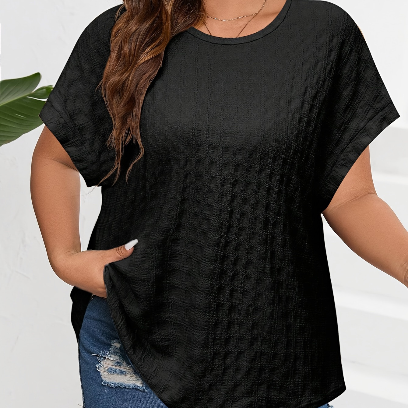 

Plus Size Batwing Sleeve Solid Blouse, Casual Crew Neck Blouse For Spring, Women's Plus Size clothing
