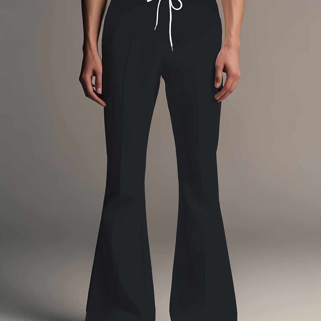 

Men's Casual Flare Leg Drawstring Pants With Pockets - 100% Polyester Knit Fabric, Solid Color, Slight Stretch, Suitable, Regular Fit Long Bell Bottom Trousers