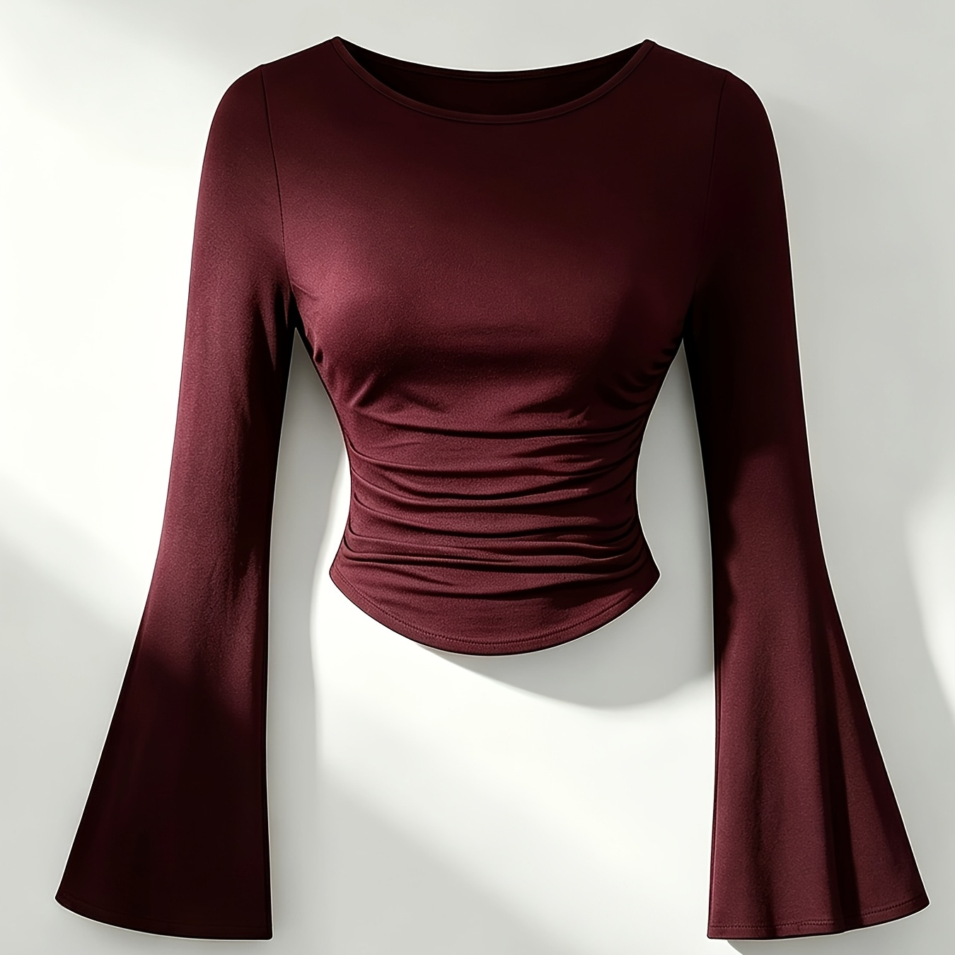 Women's Burgundy Ruched Long Sleeve Top — Bell Sleeve Blouse