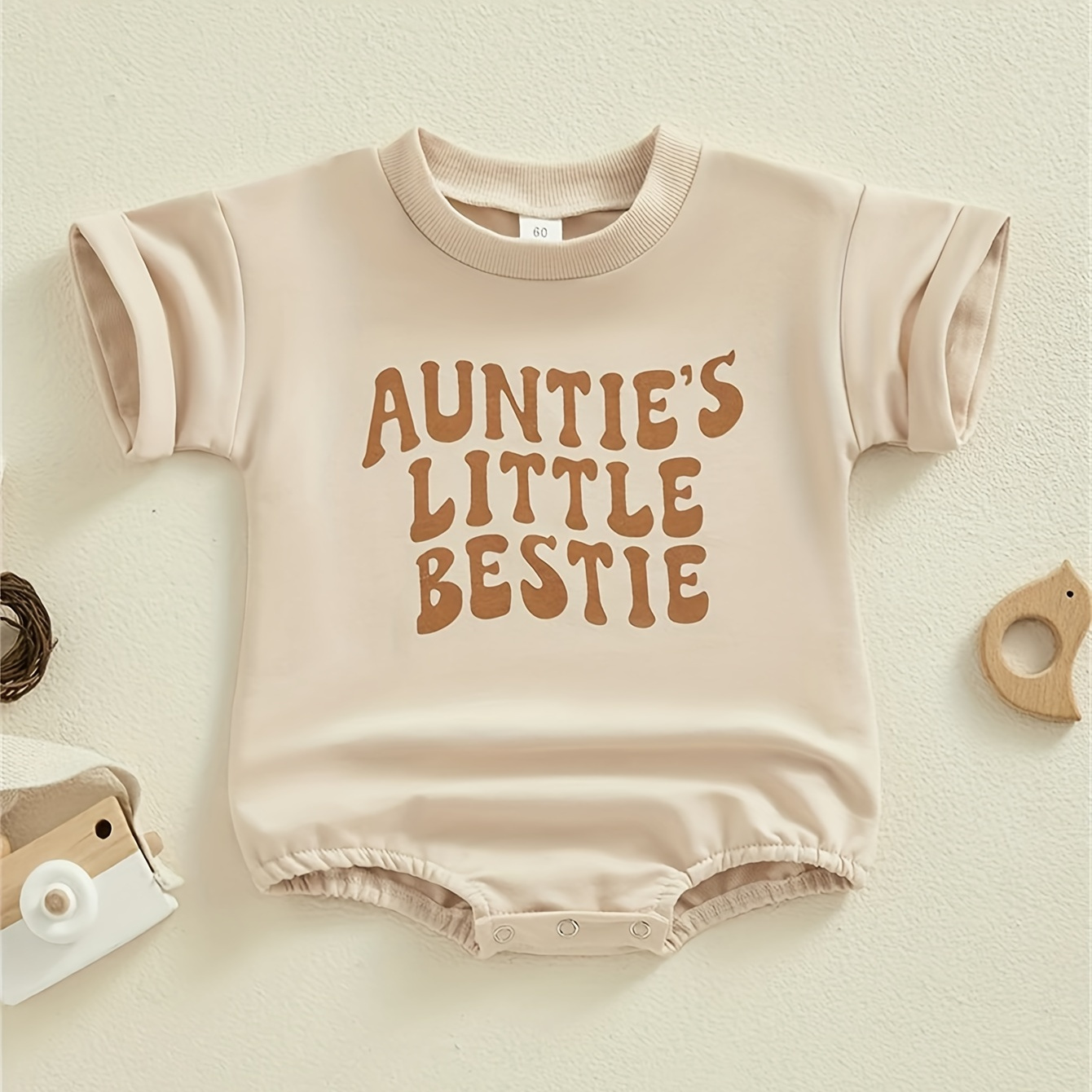 

Infant's "auntie's Little Bestie" Print Bodysuit, Trendy Short Sleeve Onesie, Baby Boy's Clothing