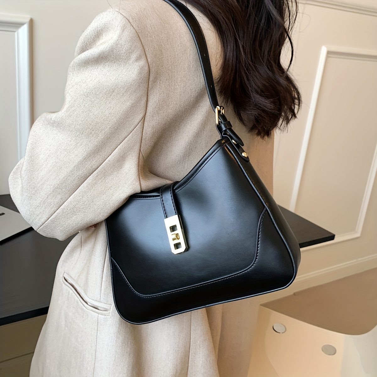 

Vintage Solid Color Shoulder Bag, Fashion Turn Lock Underarm Purse, Women's Faux Leather Handbags